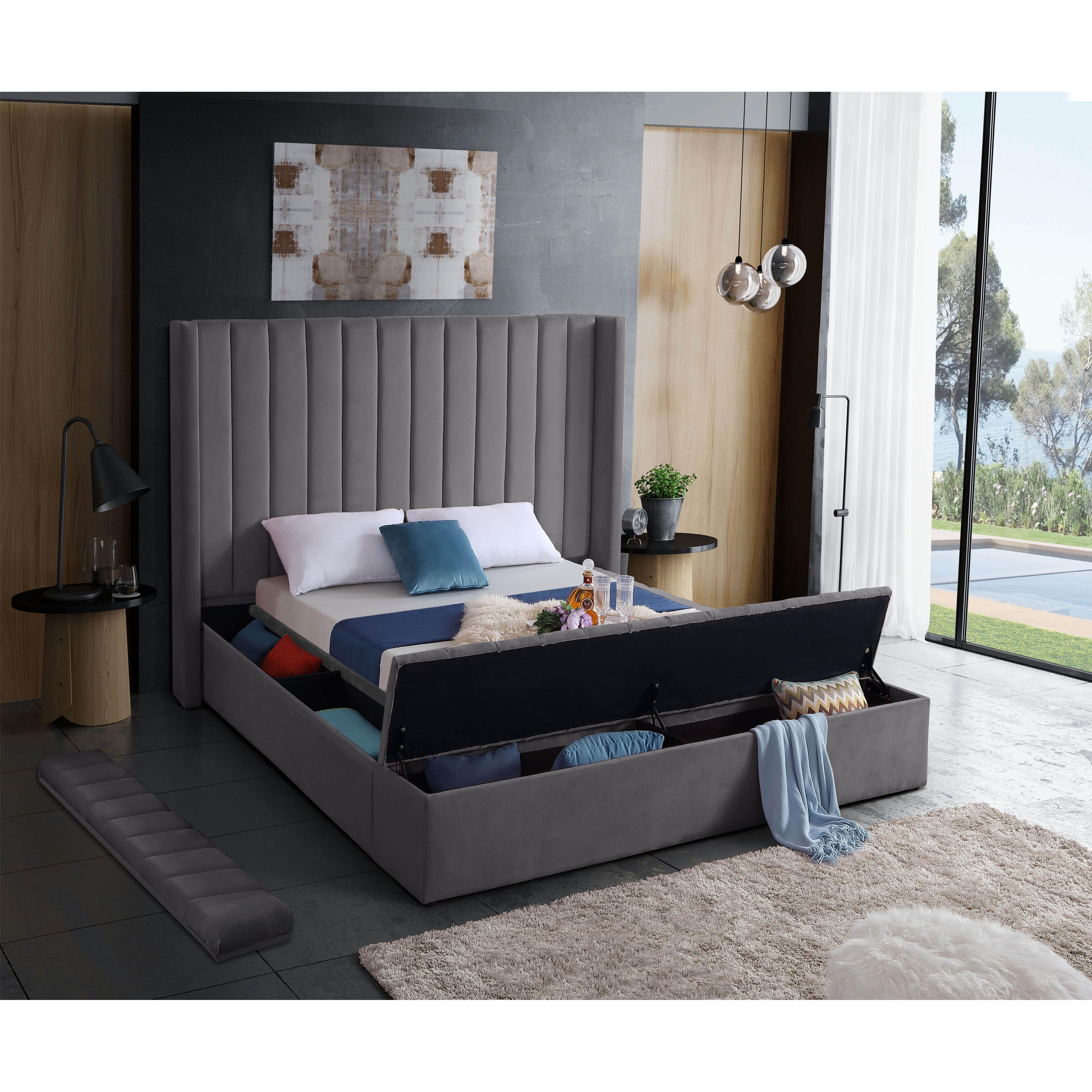 Meridian Kiki Grey Velvet Queen Bed (3 Boxes)