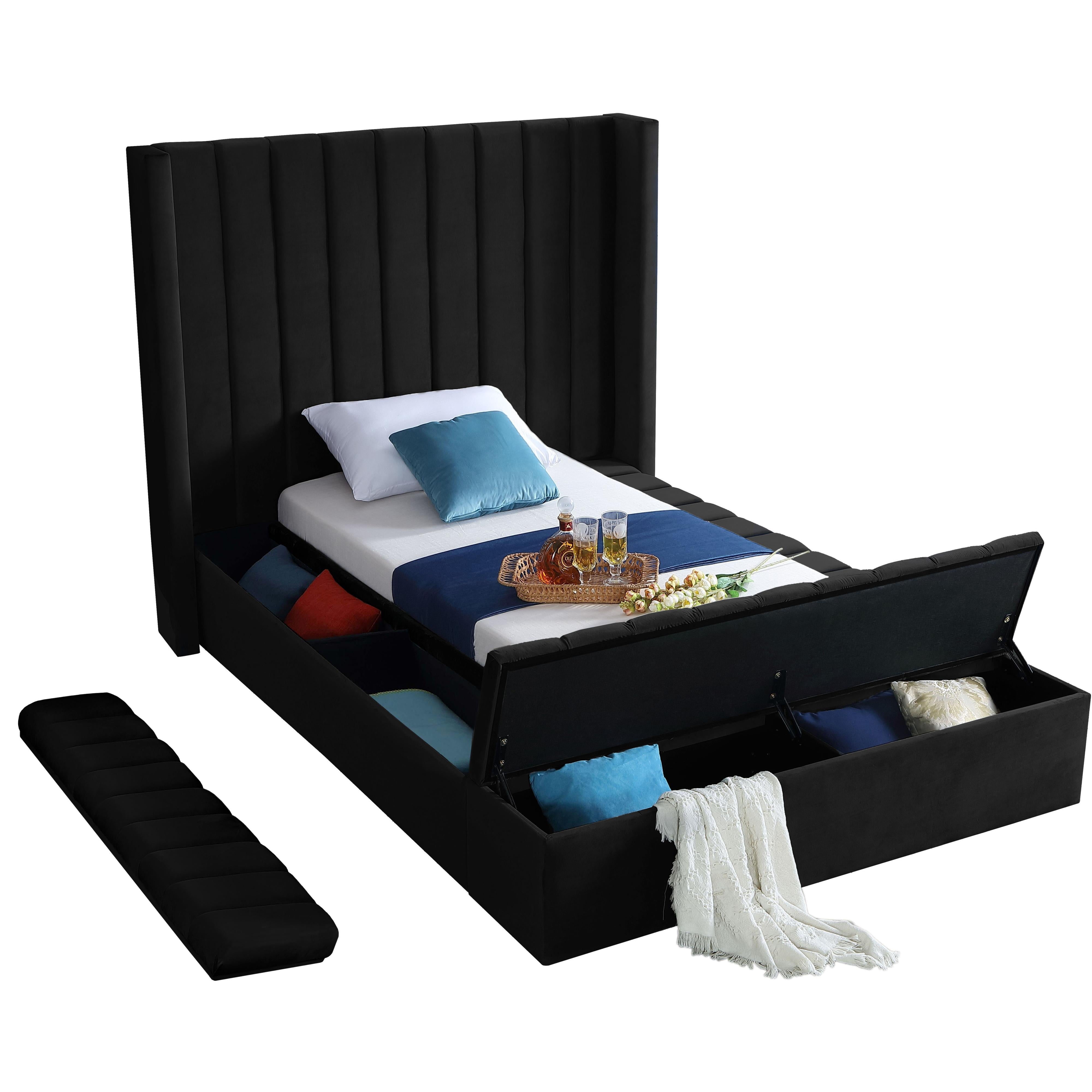 Meridian Kiki Black Velvet Twin Bed (3 Boxes)