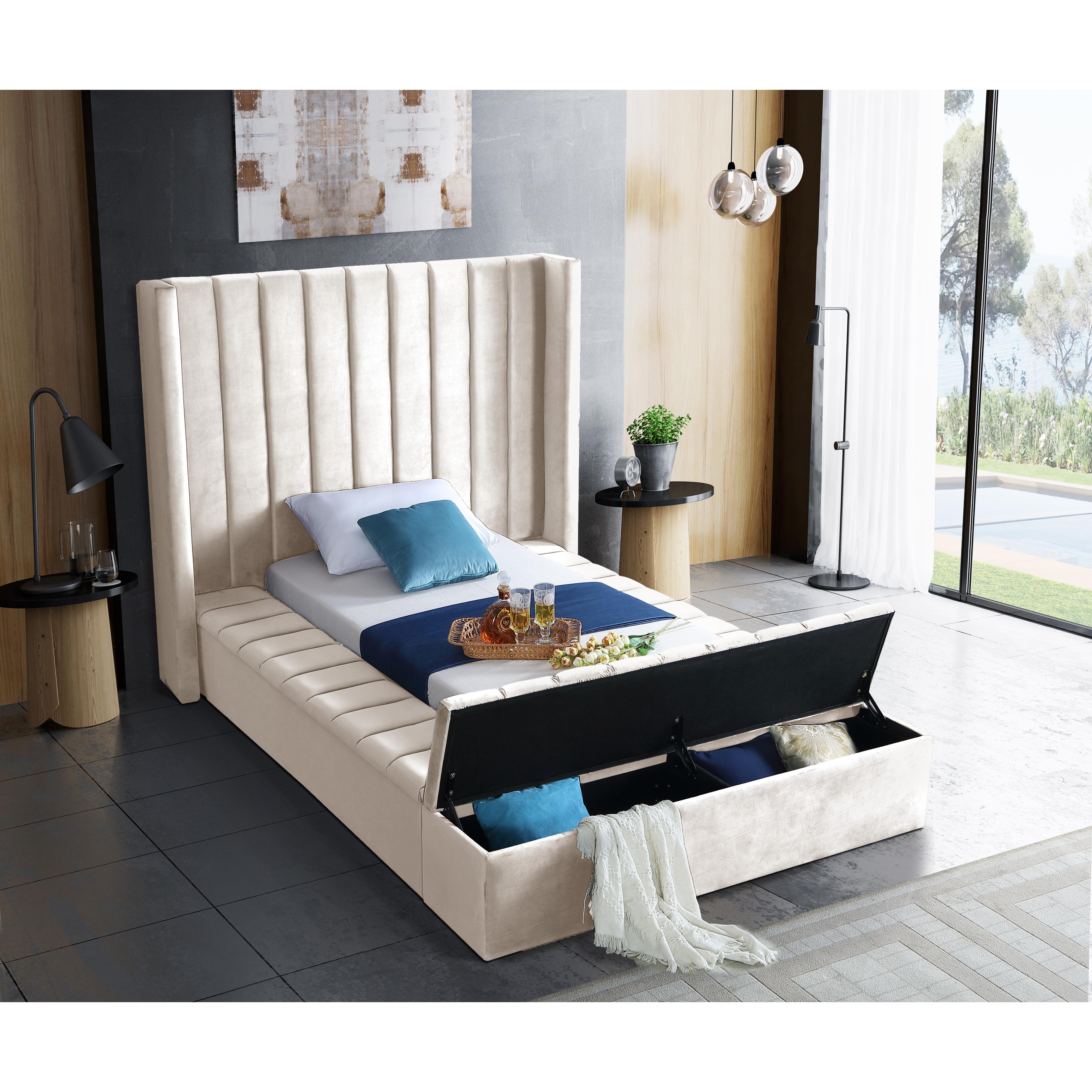 Meridian Kiki Cream Velvet Twin Bed (3 Boxes)
