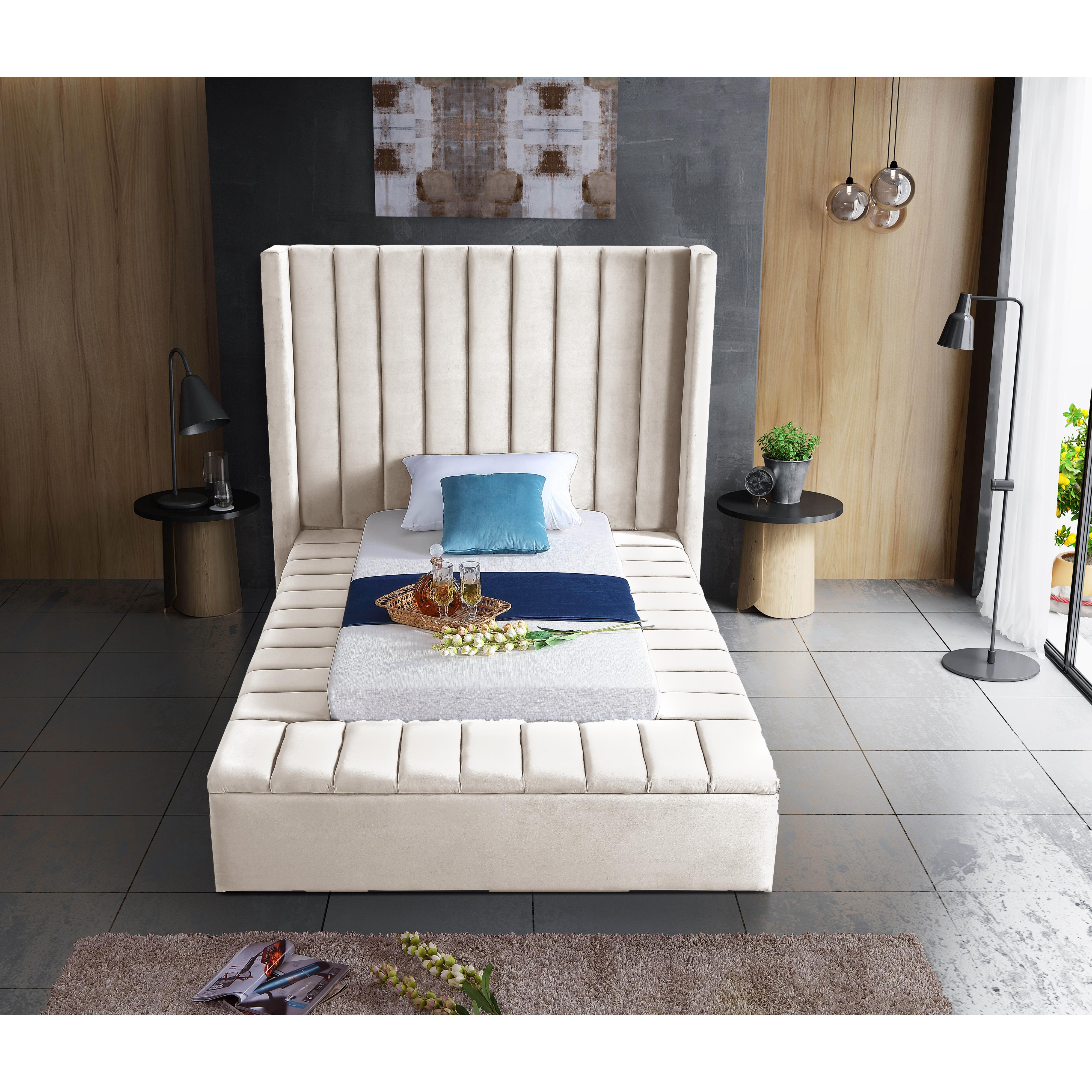 Meridian Kiki Cream Velvet Twin Bed (3 Boxes)