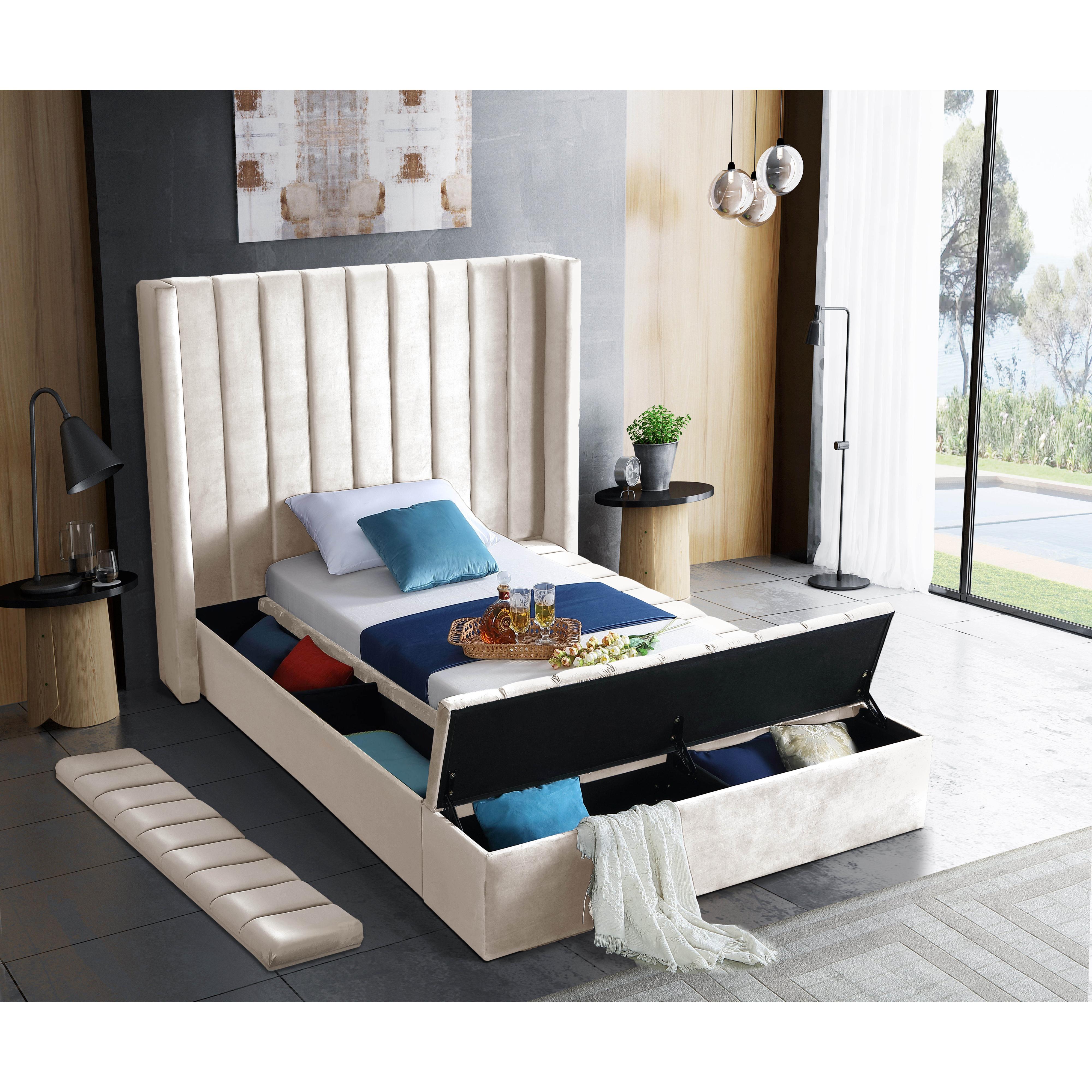 Meridian Kiki Cream Velvet Twin Bed (3 Boxes)
