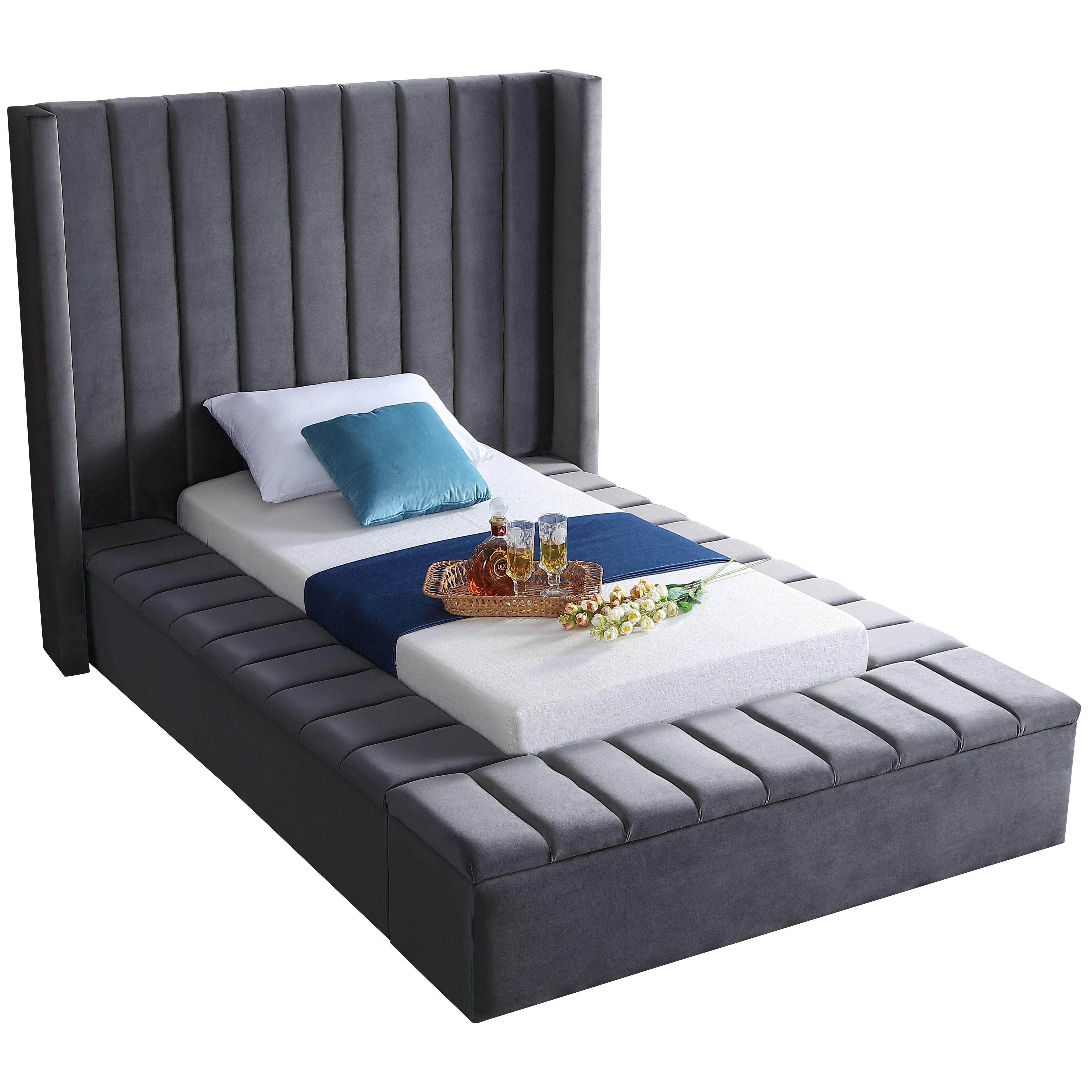 Meridian Kiki Grey Velvet Twin Bed (3 Boxes)