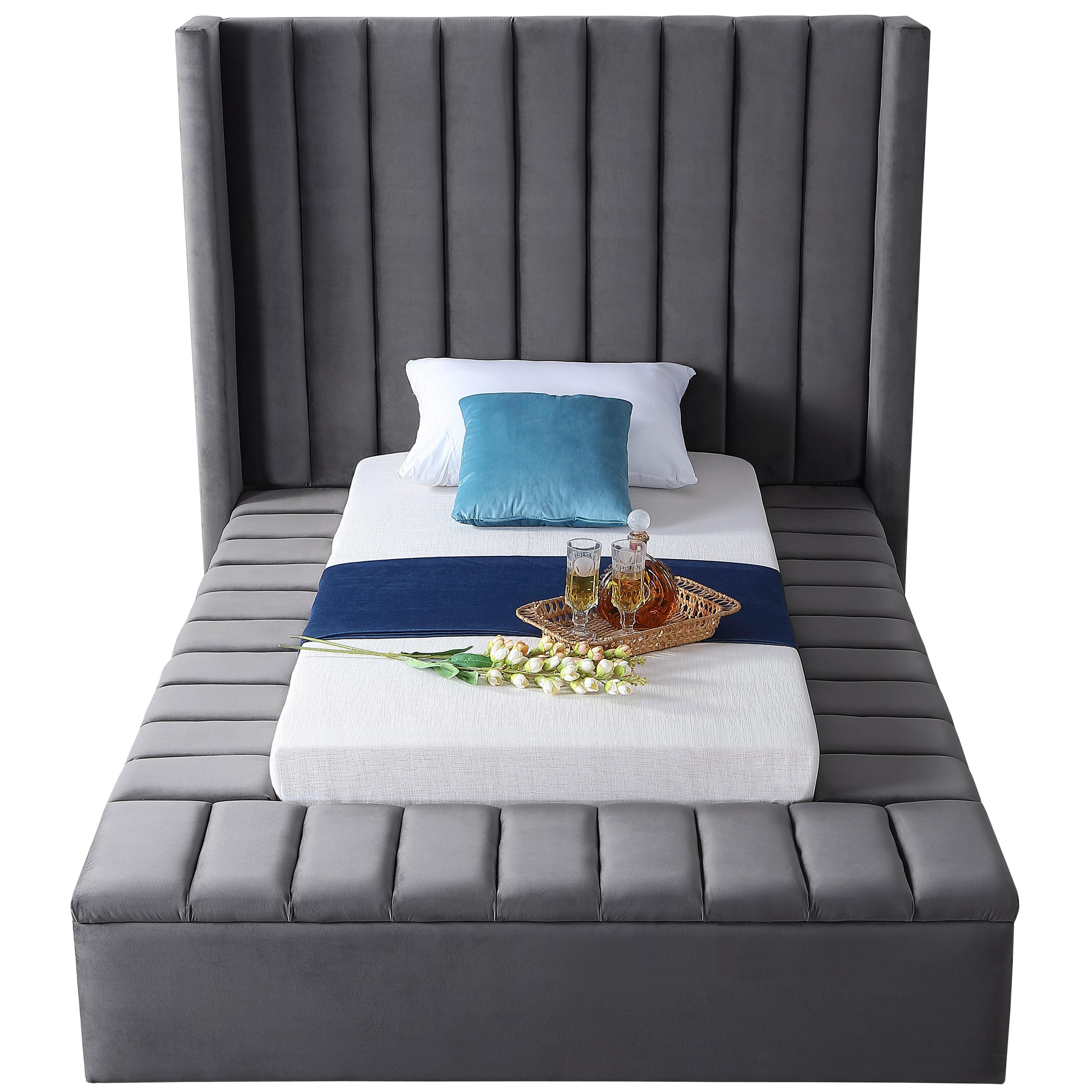 Meridian Kiki Grey Velvet Twin Bed (3 Boxes)