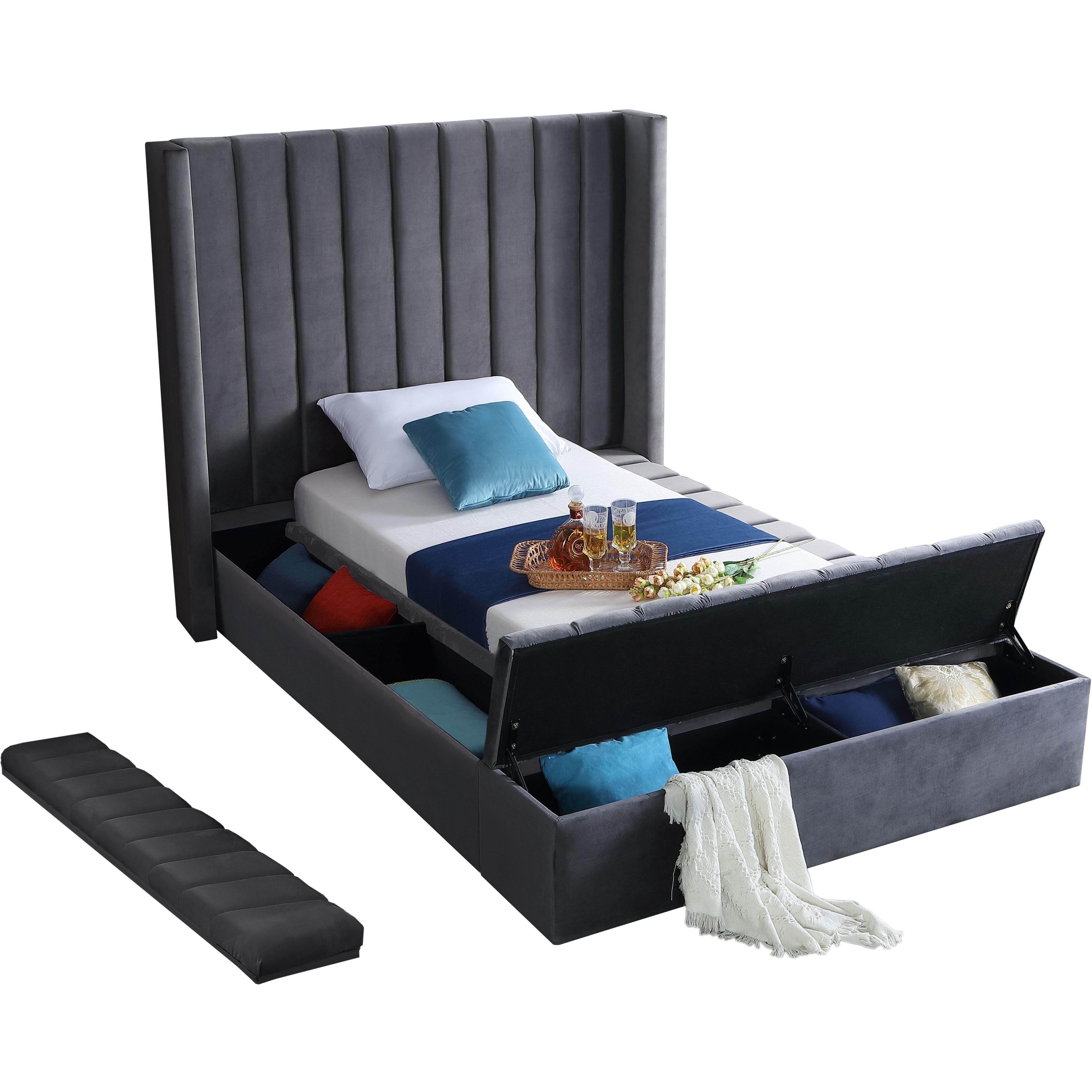 Meridian Kiki Grey Velvet Twin Bed (3 Boxes)