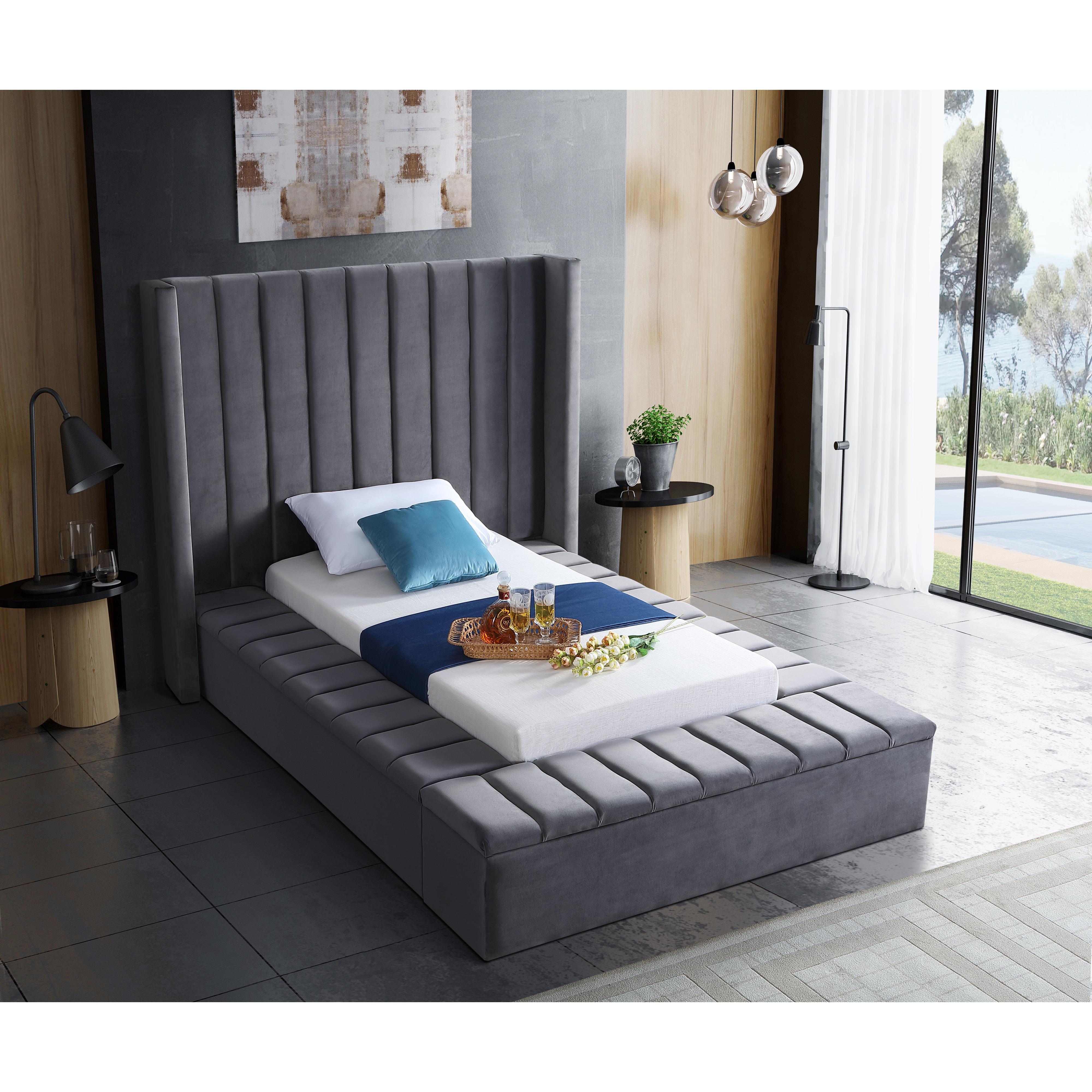 Meridian Kiki Grey Velvet Twin Bed (3 Boxes)