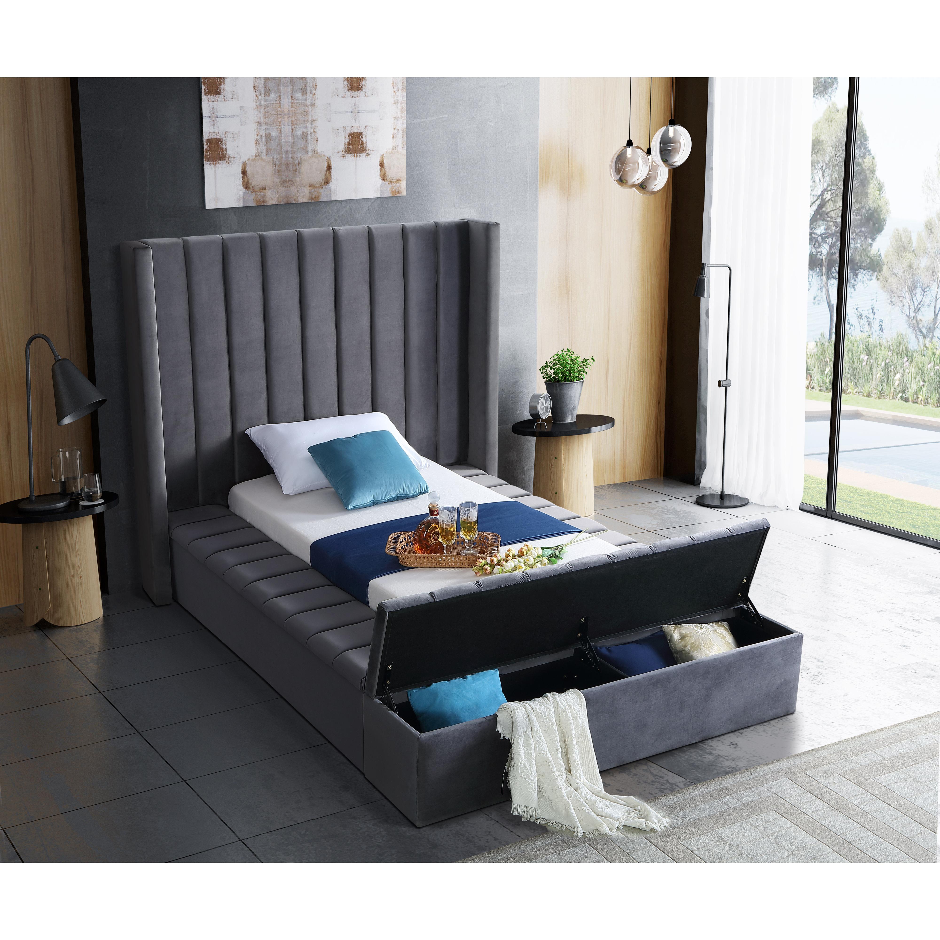 Meridian Kiki Grey Velvet Twin Bed (3 Boxes)
