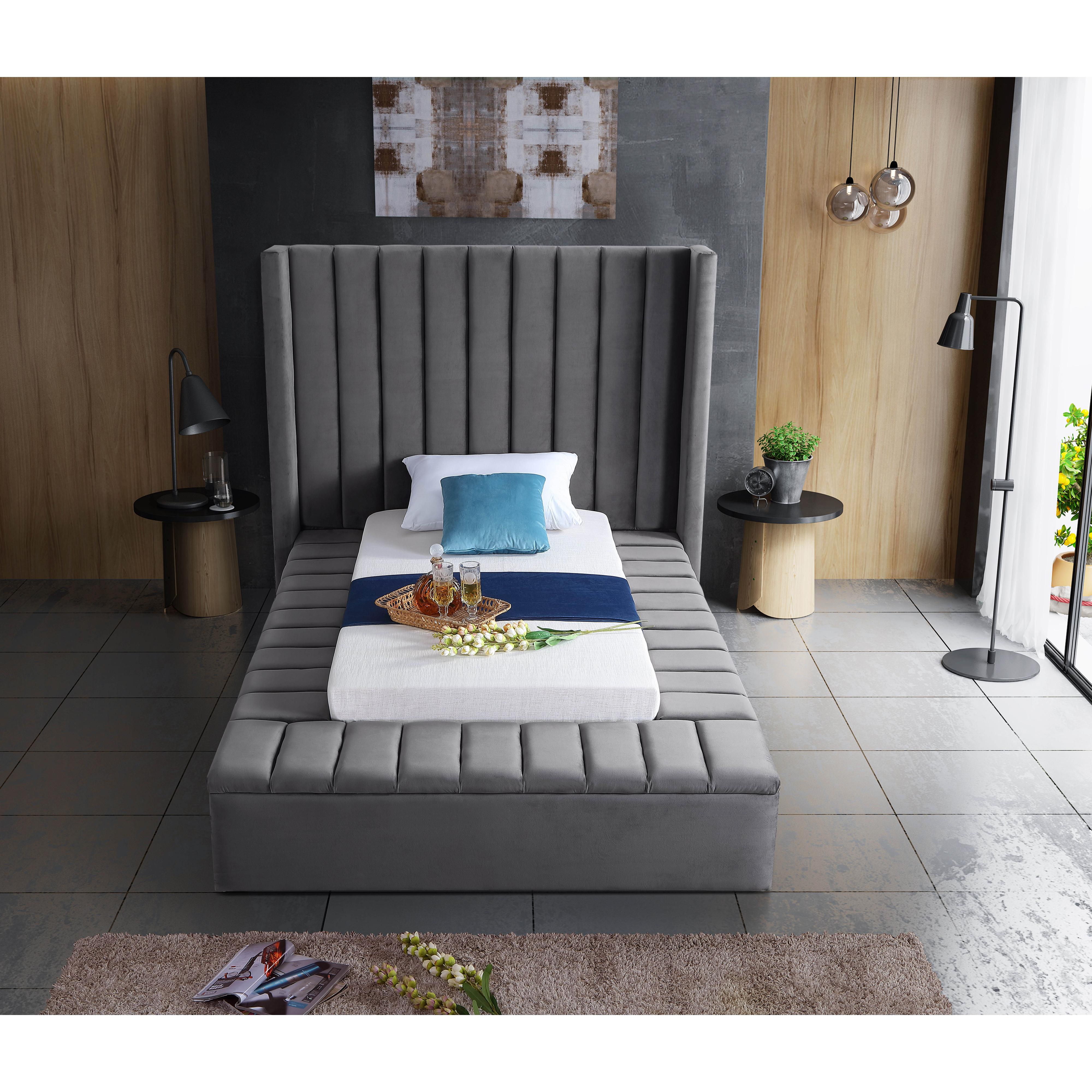 Meridian Kiki Grey Velvet Twin Bed (3 Boxes)