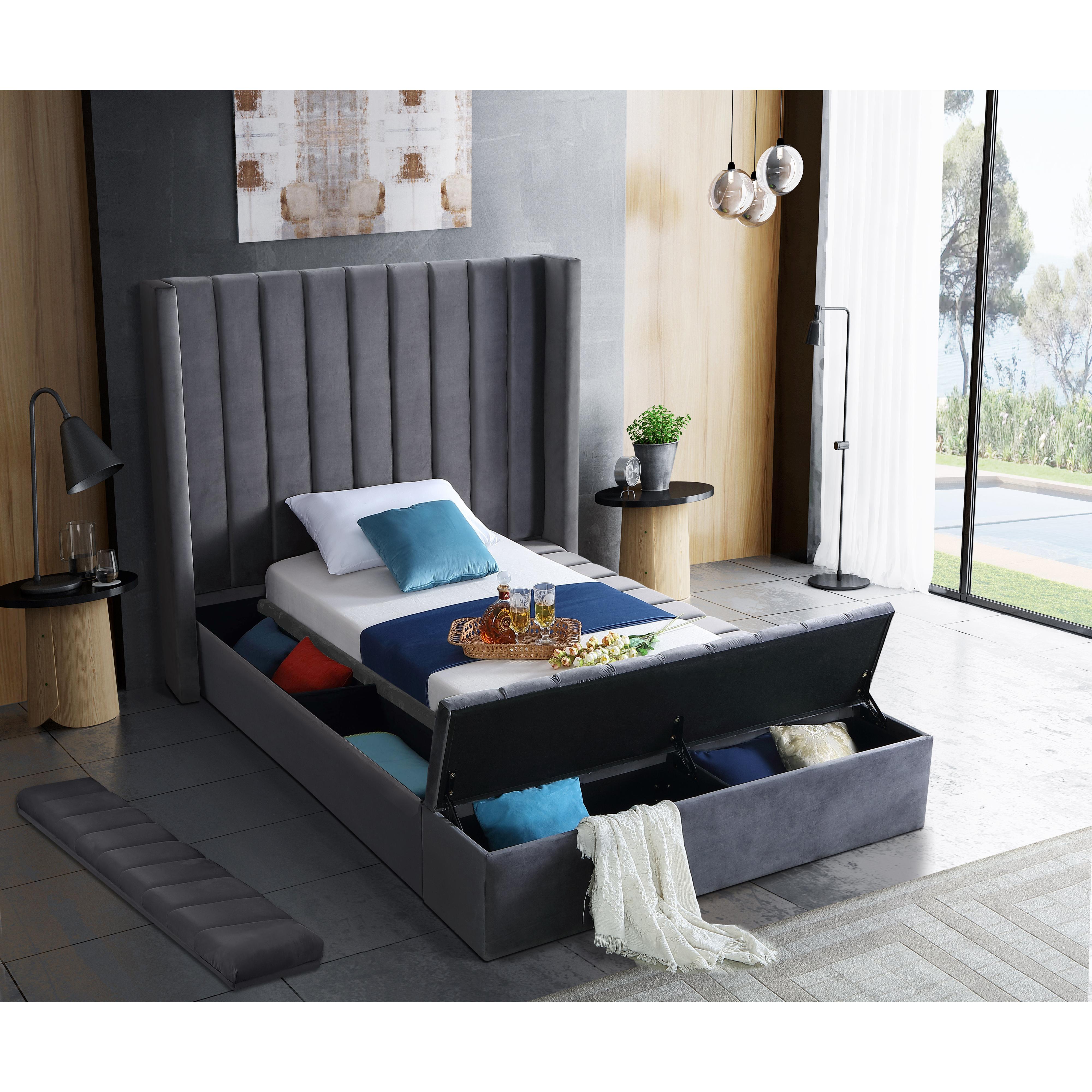 Meridian Kiki Grey Velvet Twin Bed (3 Boxes)