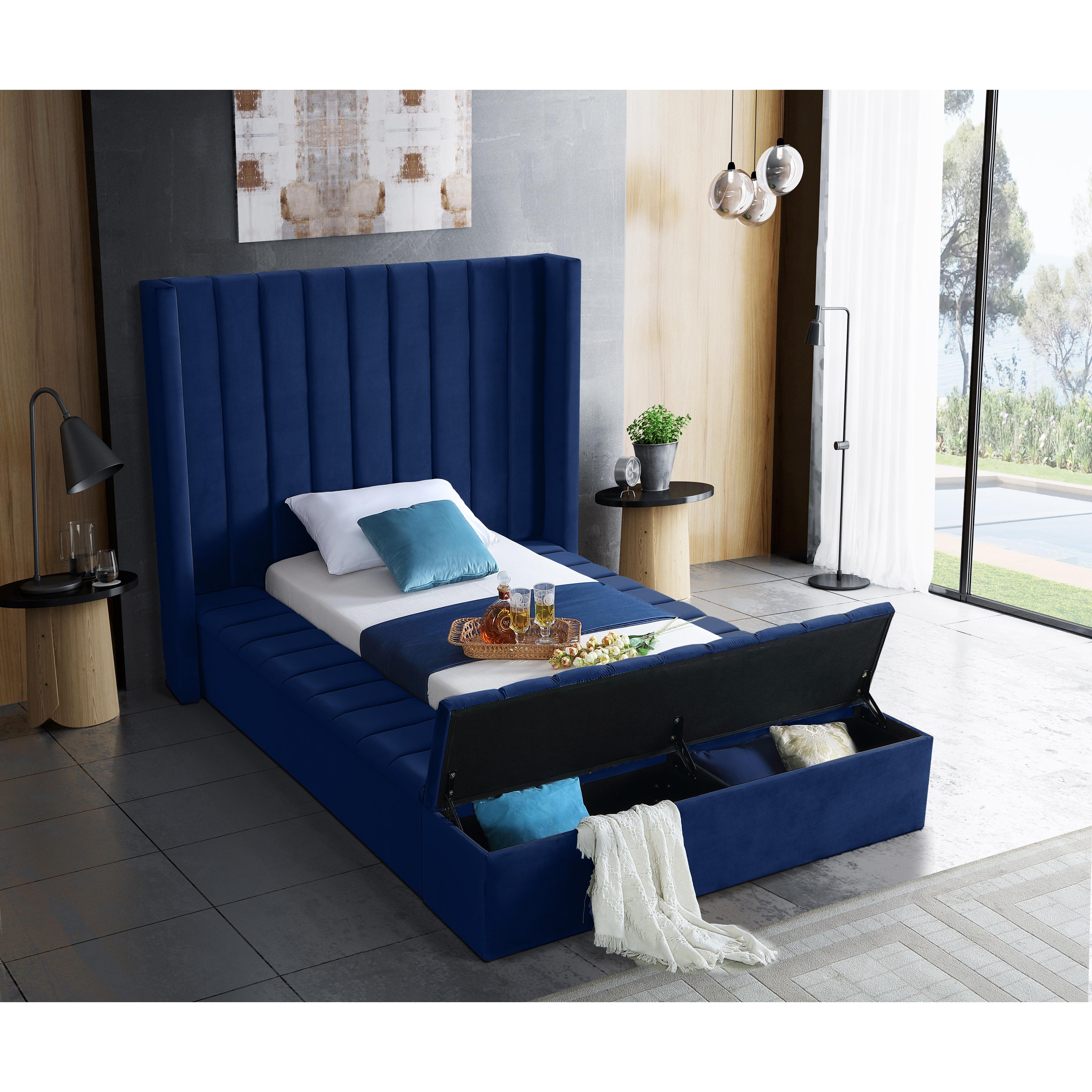 Meridian Kiki Navy Velvet Twin Bed (3 Boxes)