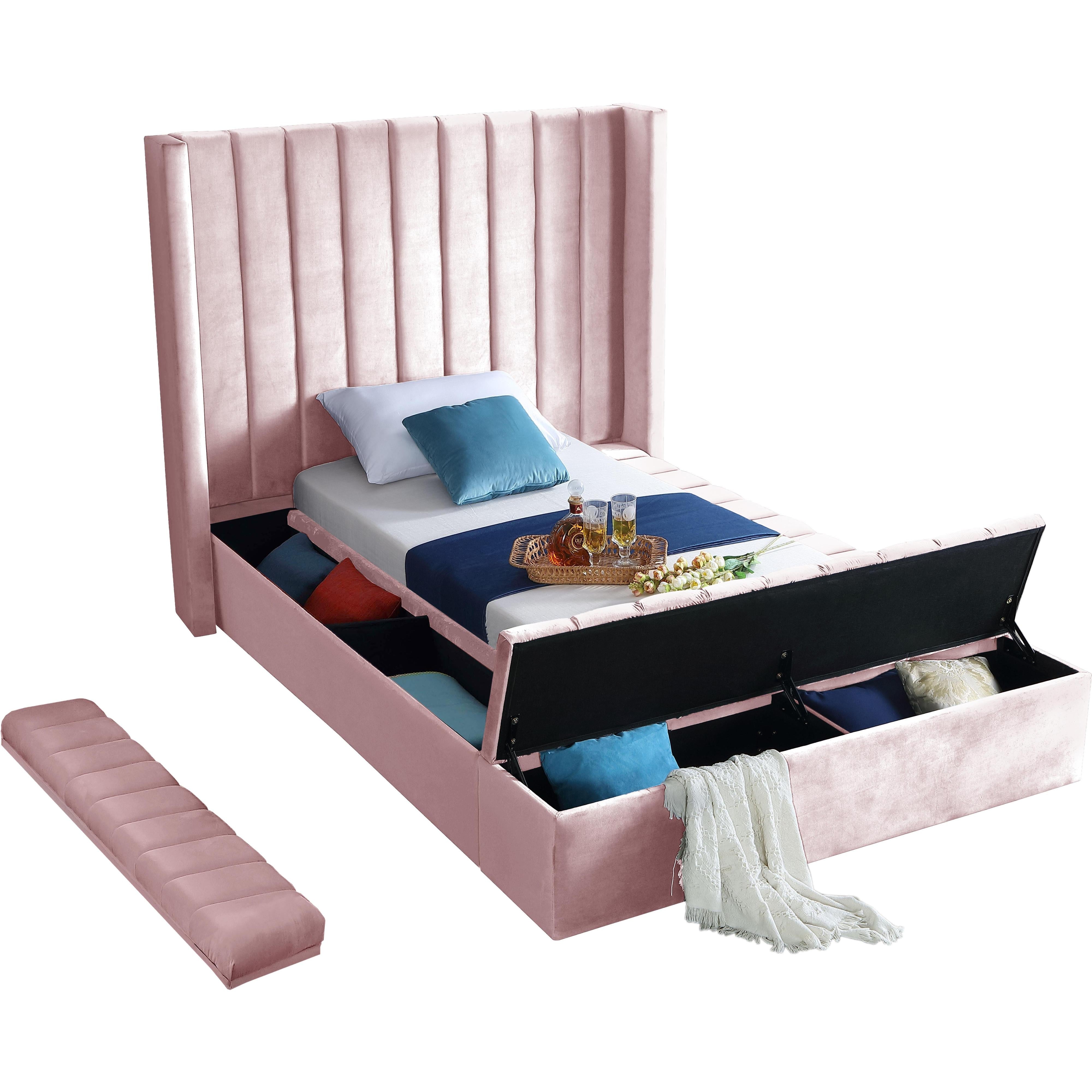Meridian Kiki Pink Velvet Twin Bed (3 Boxes)