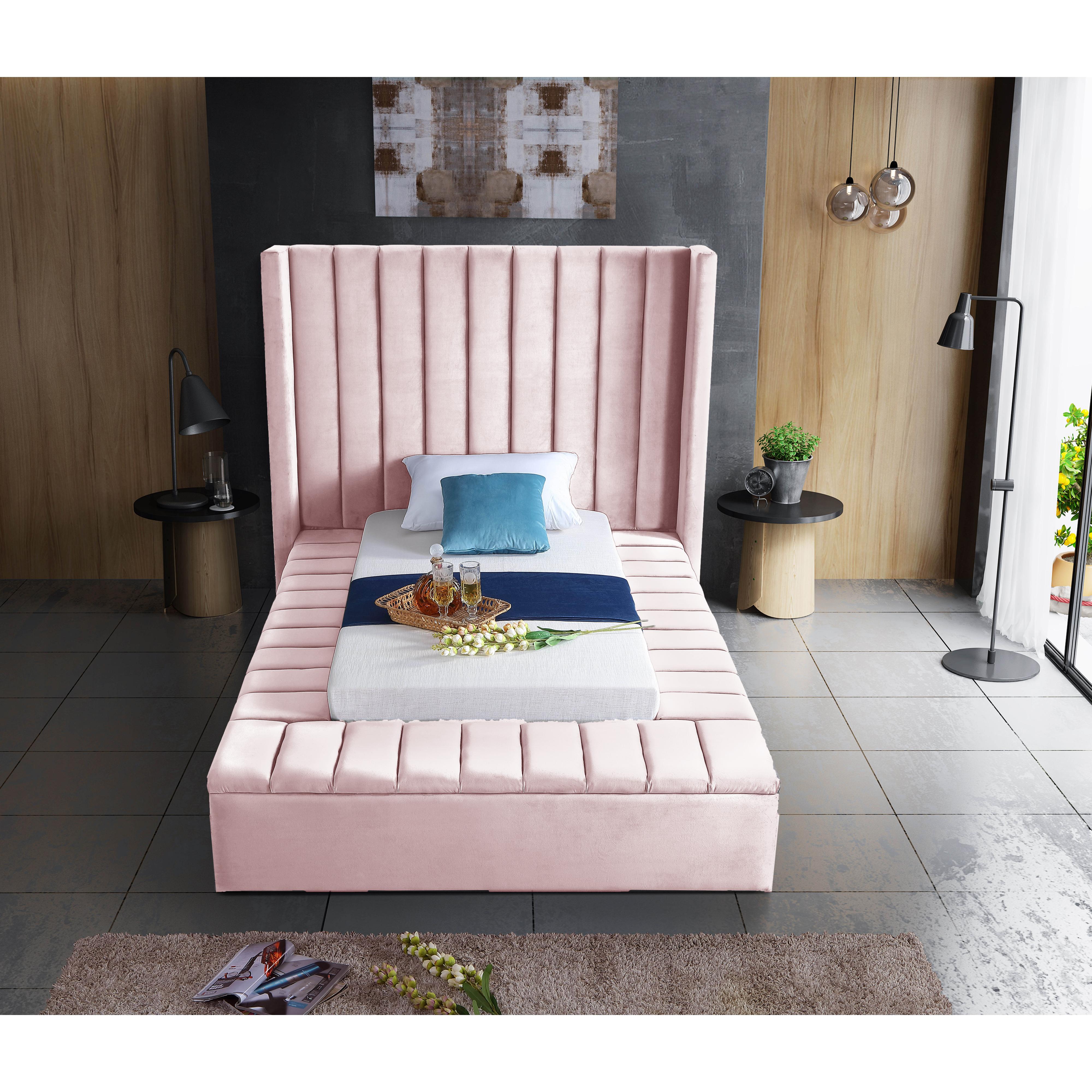 Meridian Kiki Pink Velvet Twin Bed (3 Boxes)