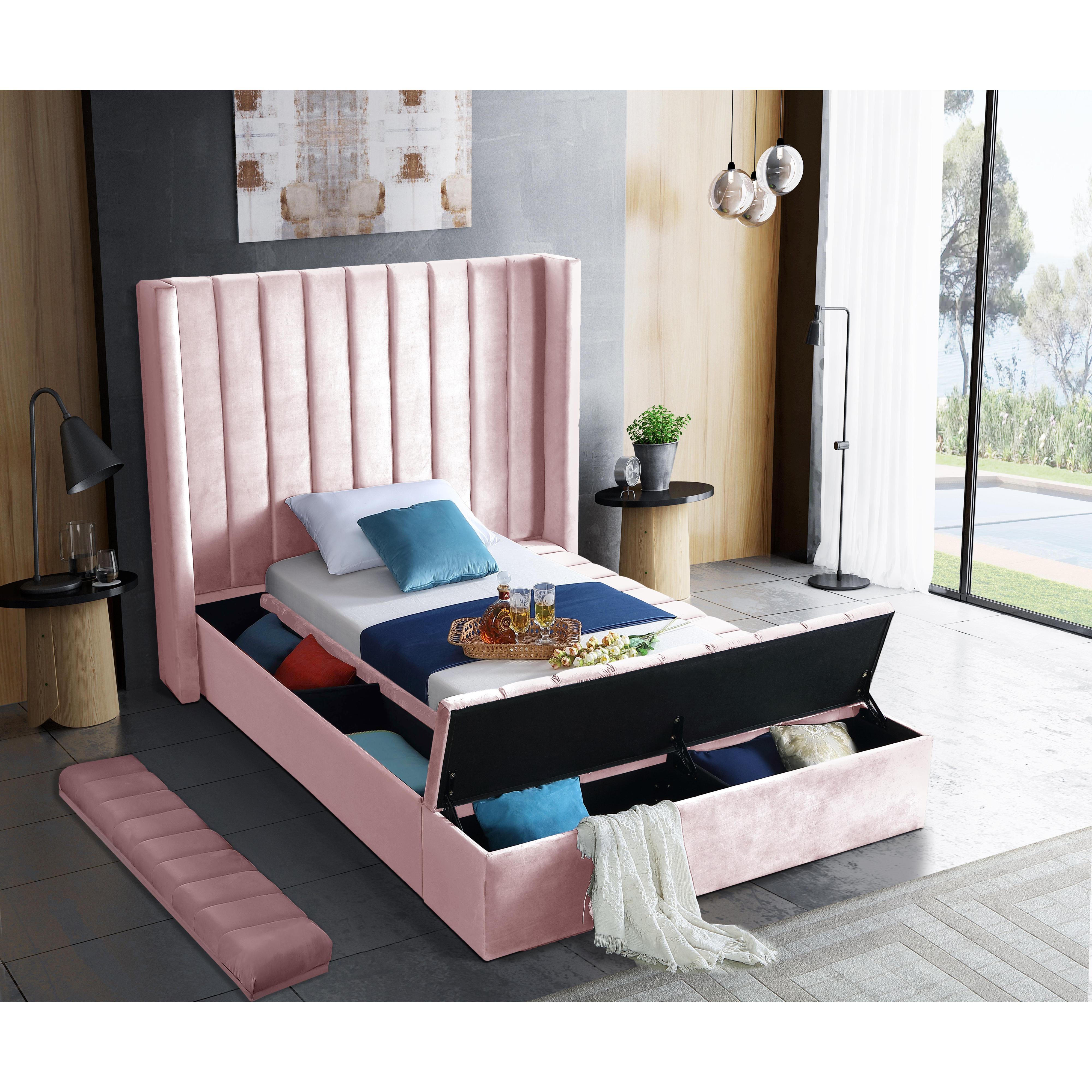Meridian Kiki Pink Velvet Twin Bed (3 Boxes)
