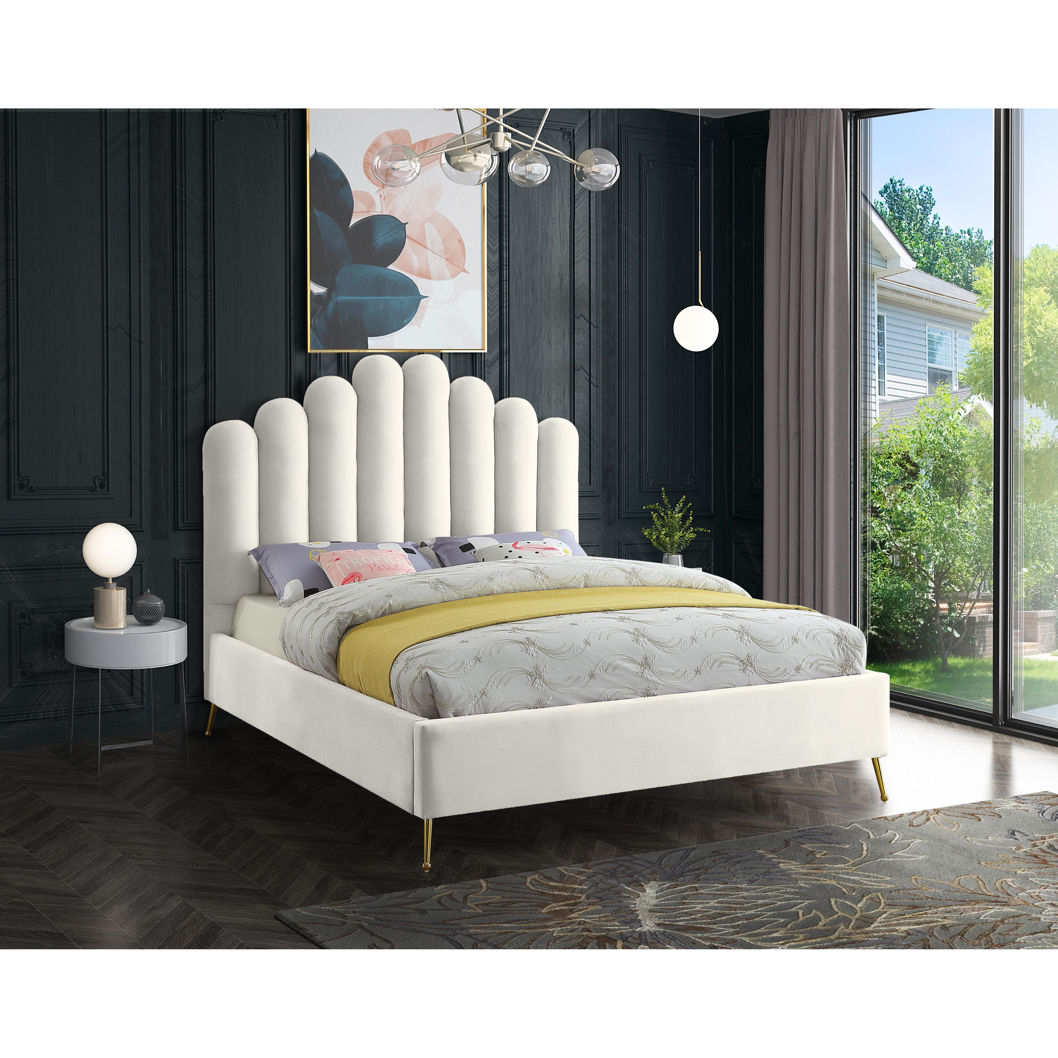 Meridian Lily Cream Velvet Queen Bed