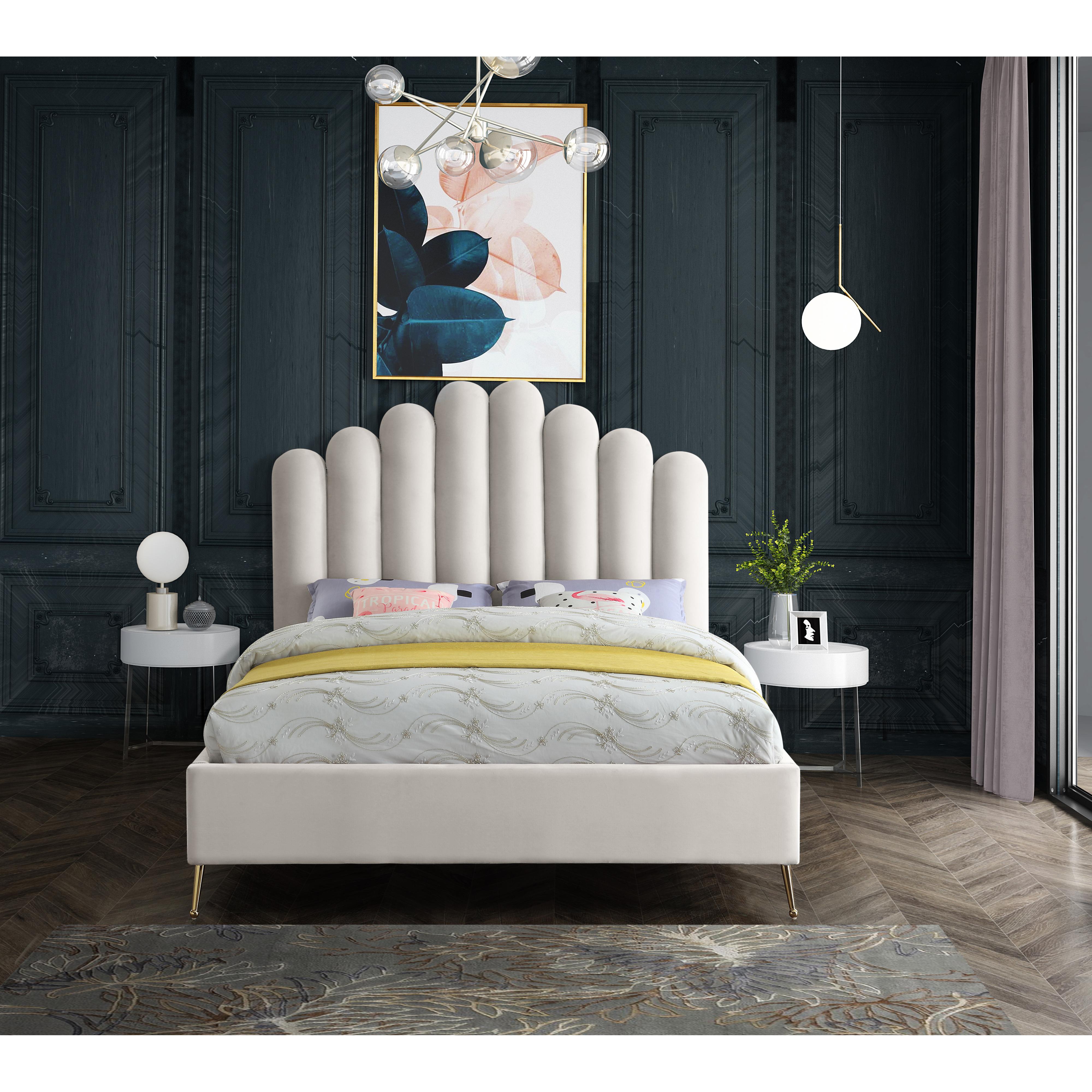 Meridian Lily Cream Velvet Queen Bed