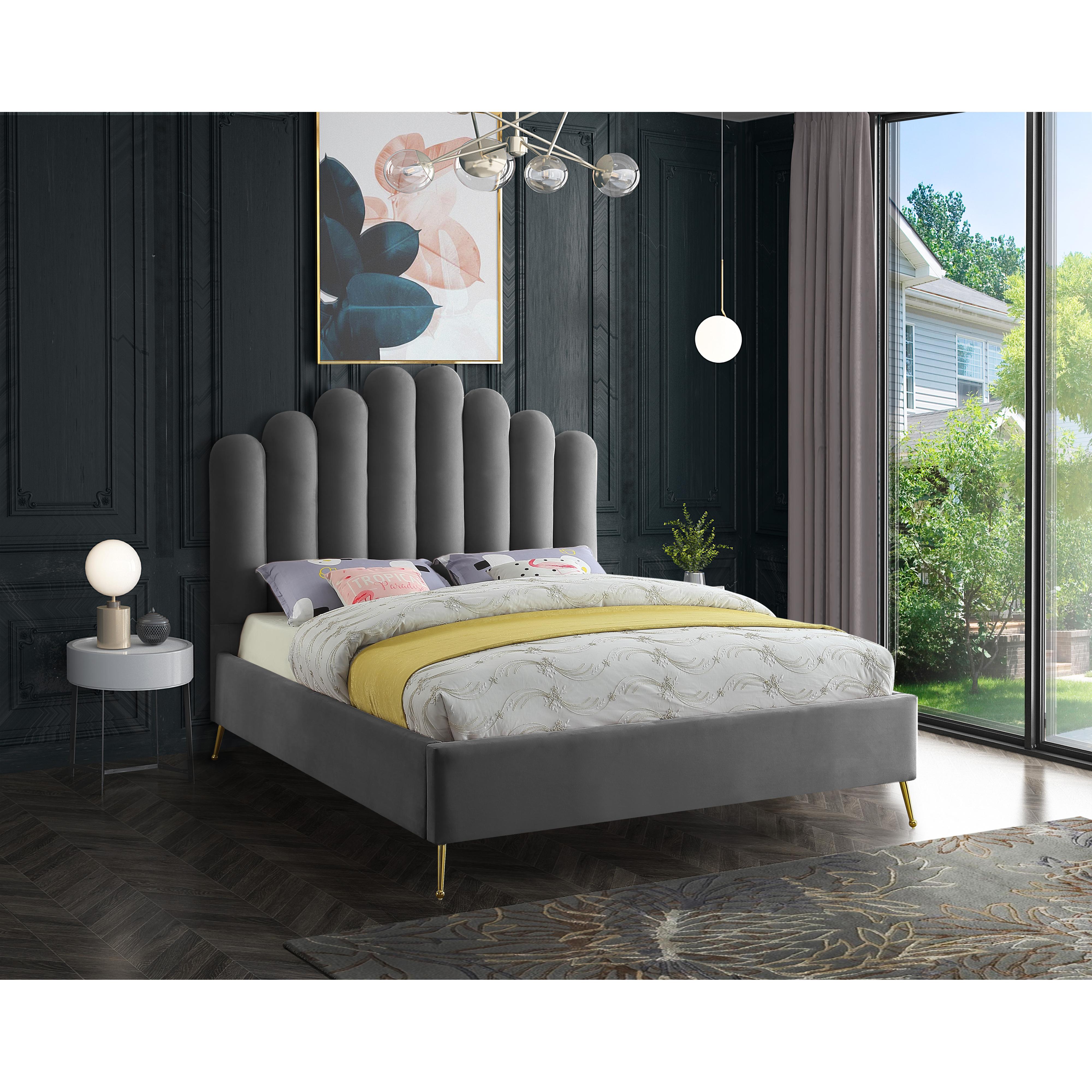 Meridian Lily Grey Velvet Queen Bed