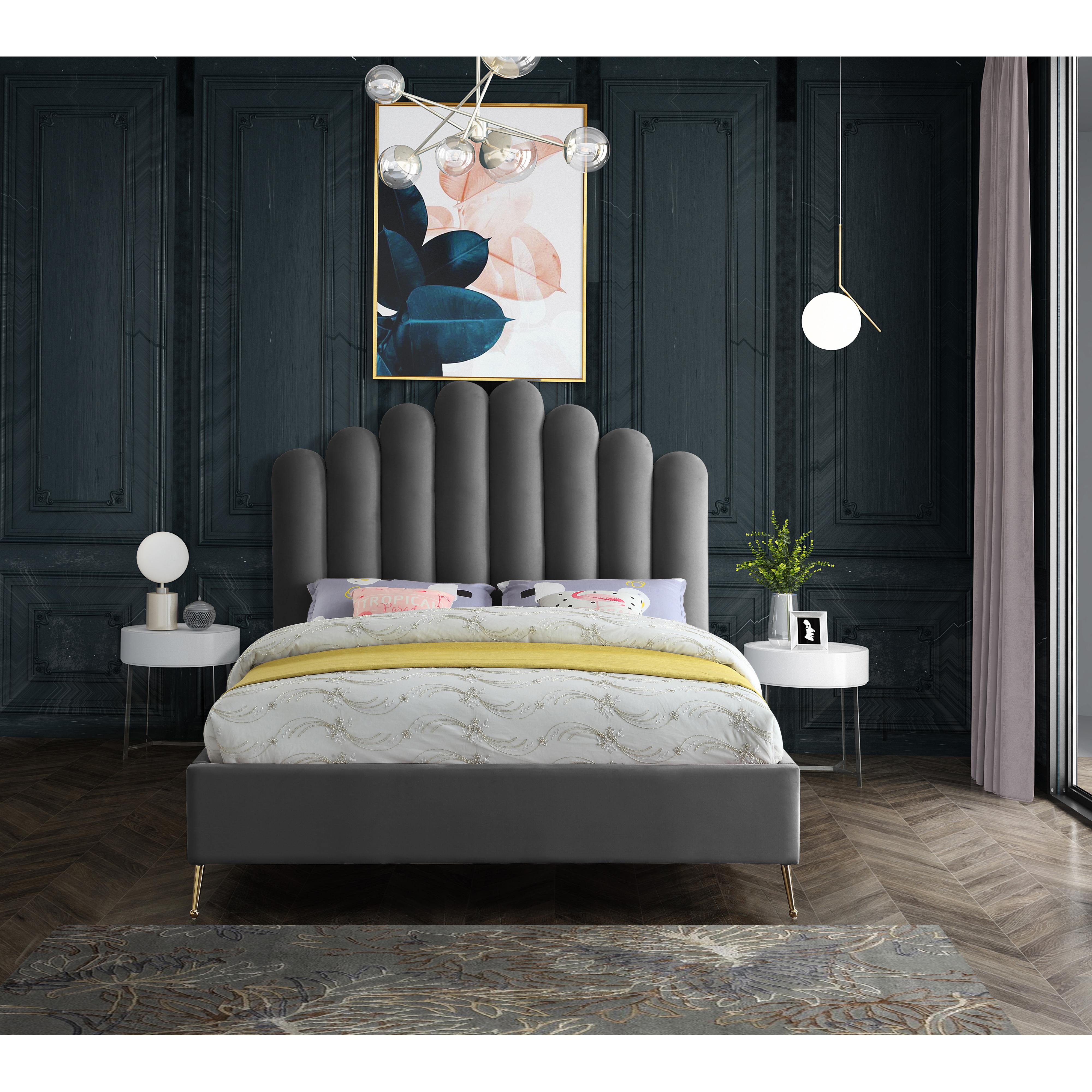 Meridian Lily Grey Velvet Queen Bed