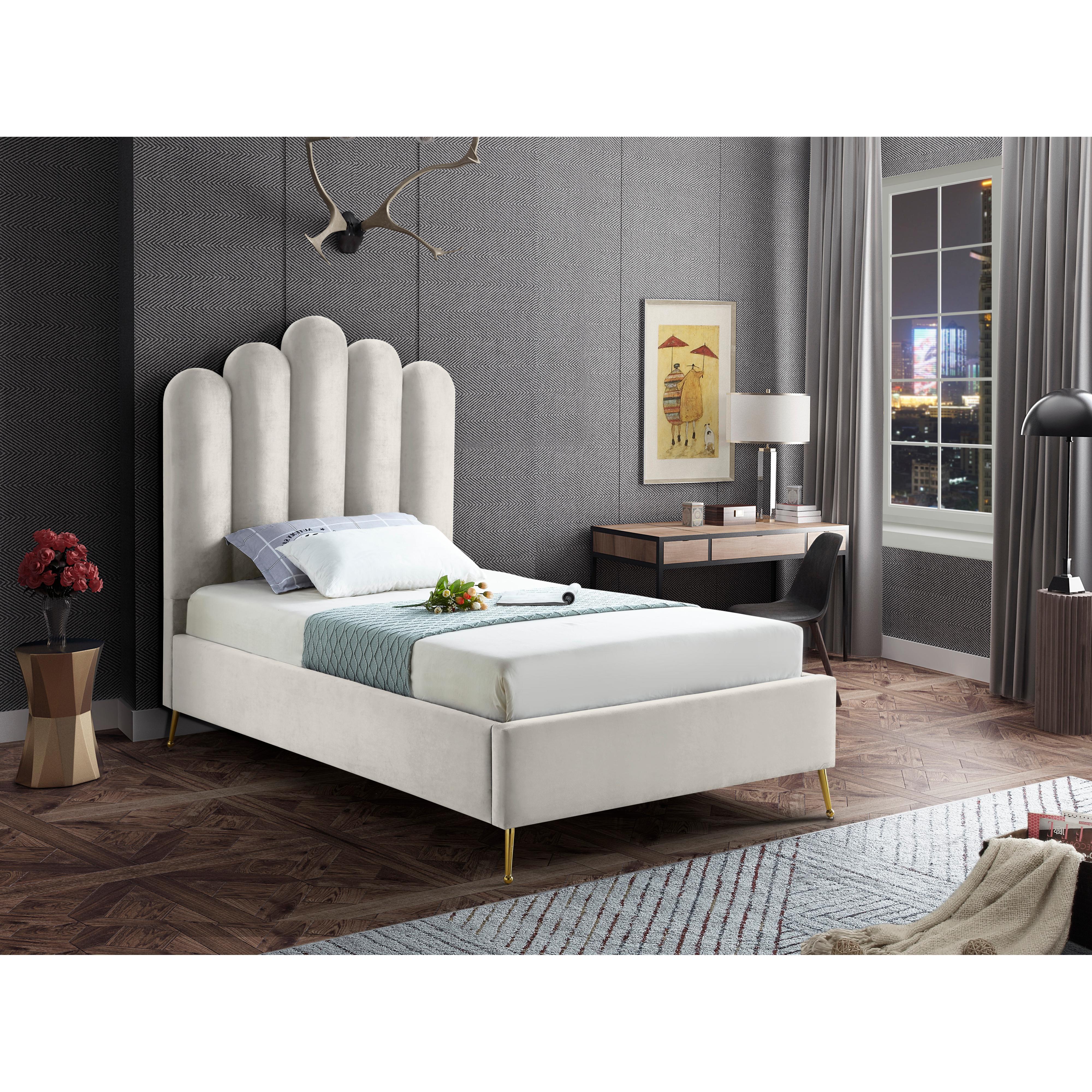 Meridian Lily Cream Velvet Twin Bed