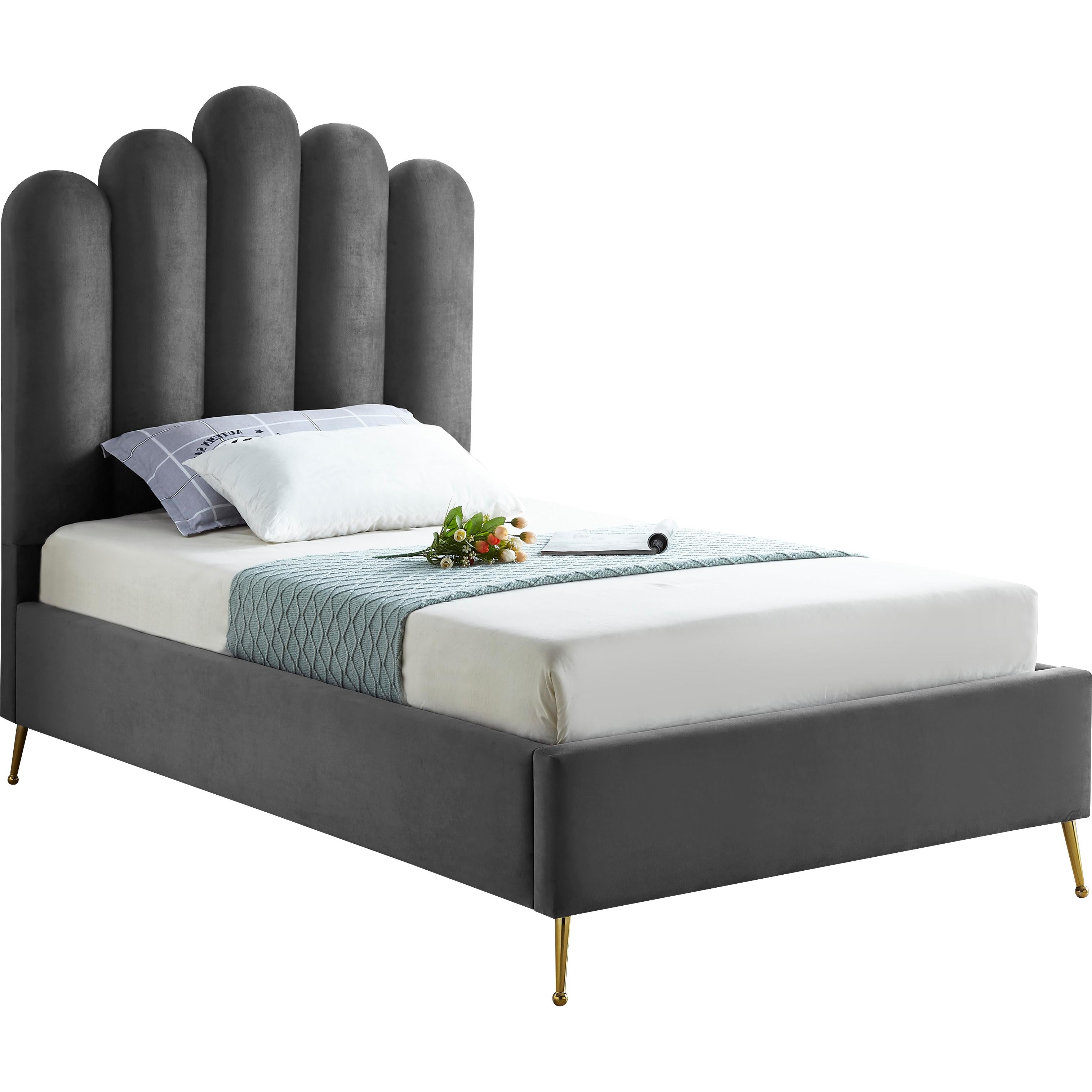Meridian Lily Grey Velvet Twin Bed