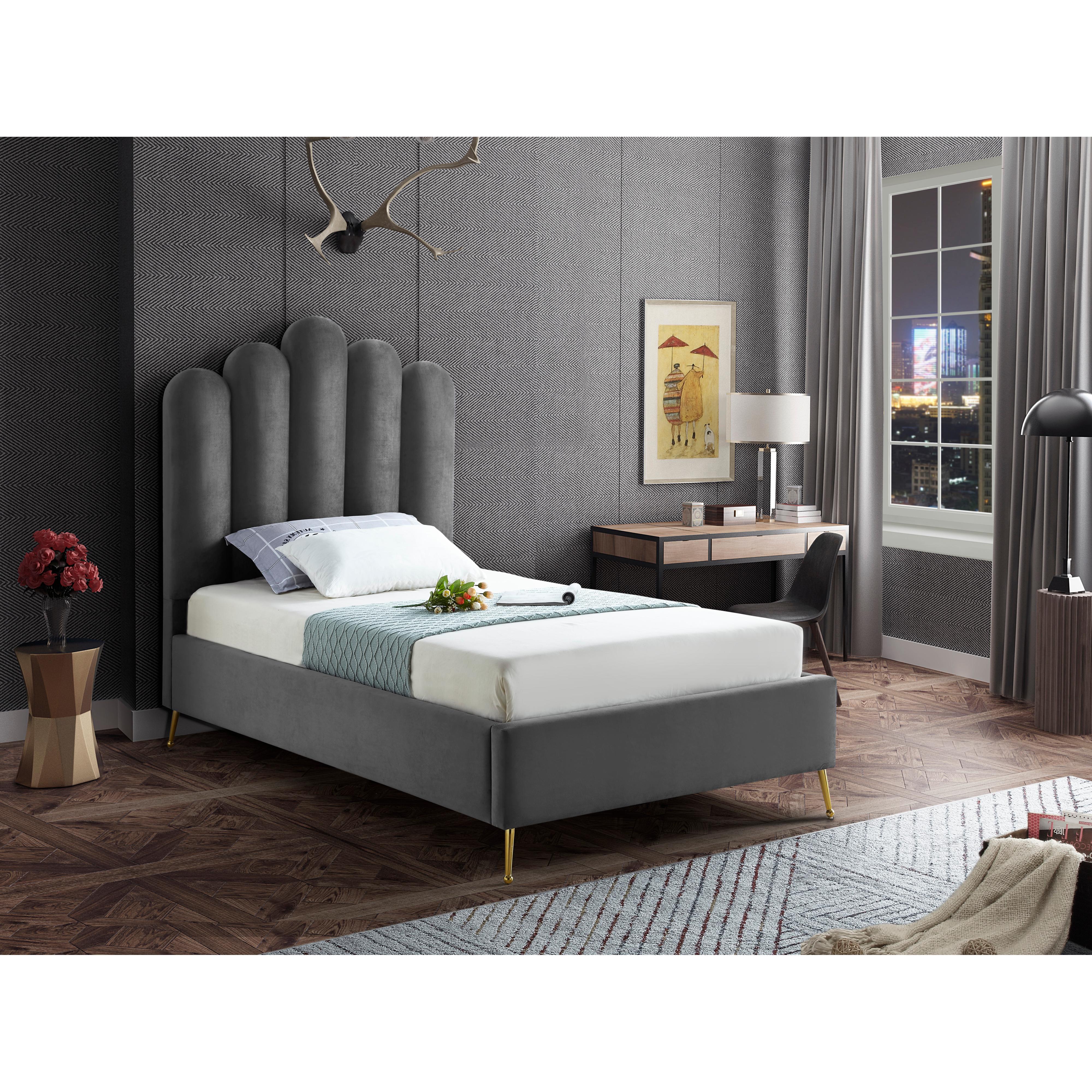 Meridian Lily Grey Velvet Twin Bed