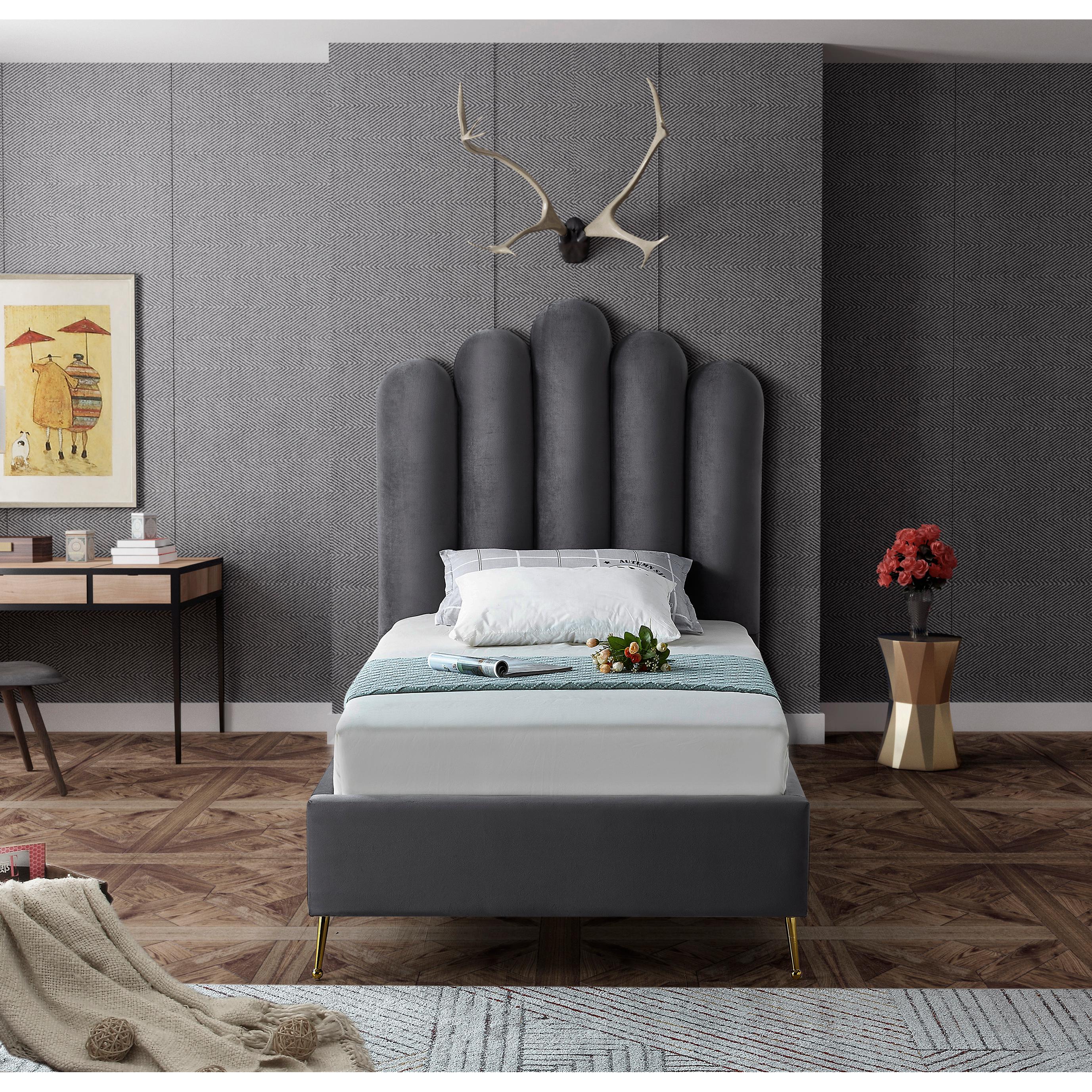 Meridian Lily Grey Velvet Twin Bed