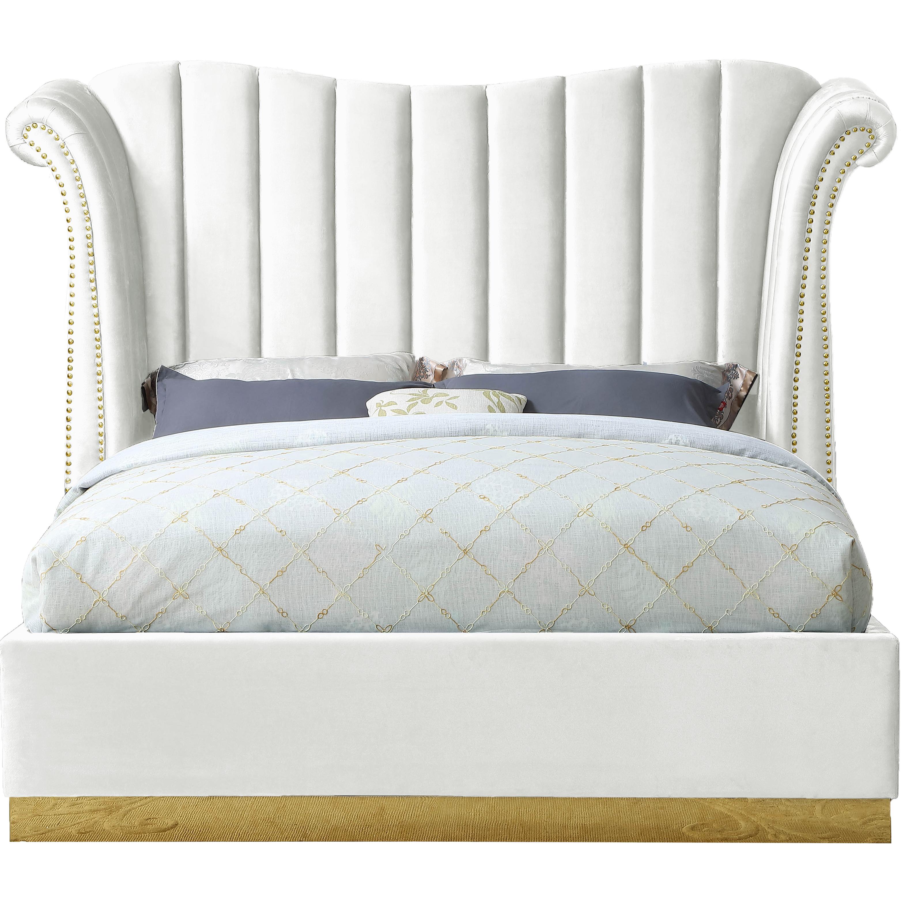 Meridian Flora White Velvet King Bed (3 Boxes)