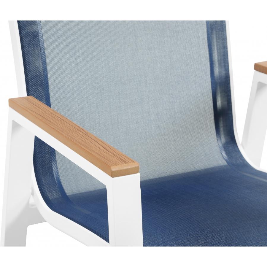Meridian Nizuc Navy Mesh Water Resistant Fabric Outdoor Patio Aluminum Mesh Dining Arm Chair