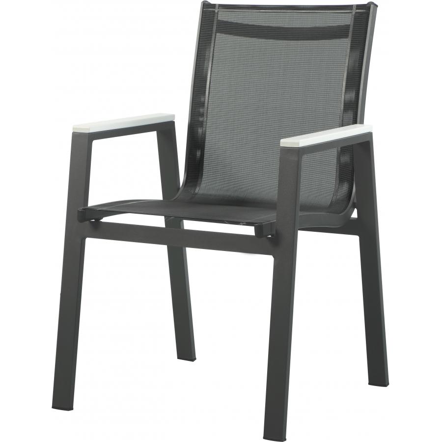 Meridian Nizuc Black Mesh Water Resistant Fabric Outdoor Patio Aluminum Mesh Dining Arm Chair