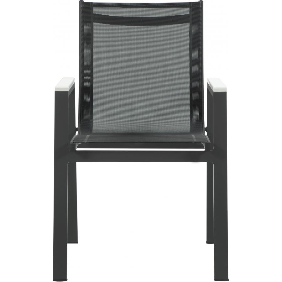 Meridian Nizuc Black Mesh Water Resistant Fabric Outdoor Patio Aluminum Mesh Dining Arm Chair