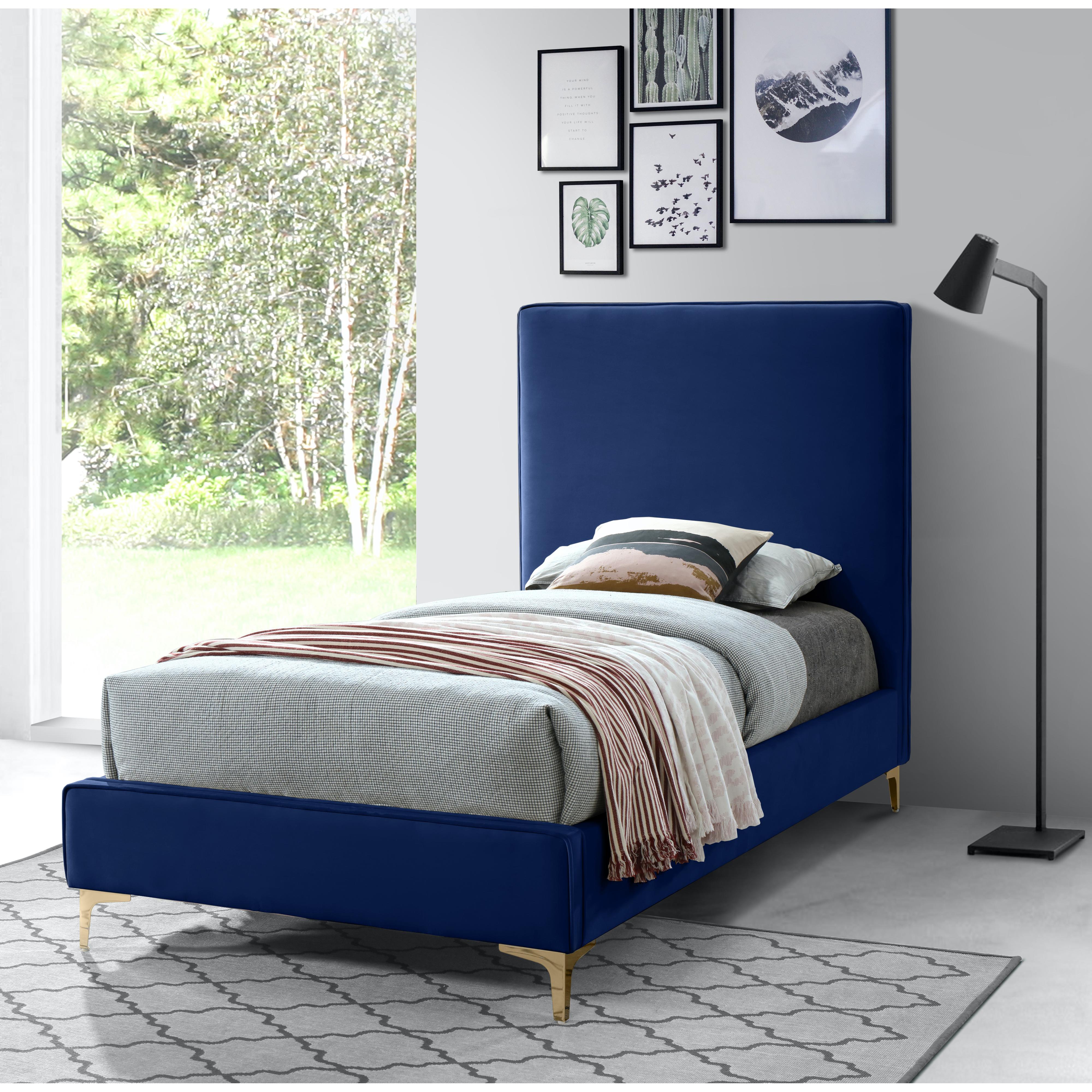 Meridian Geri Navy Velvet Twin Bed