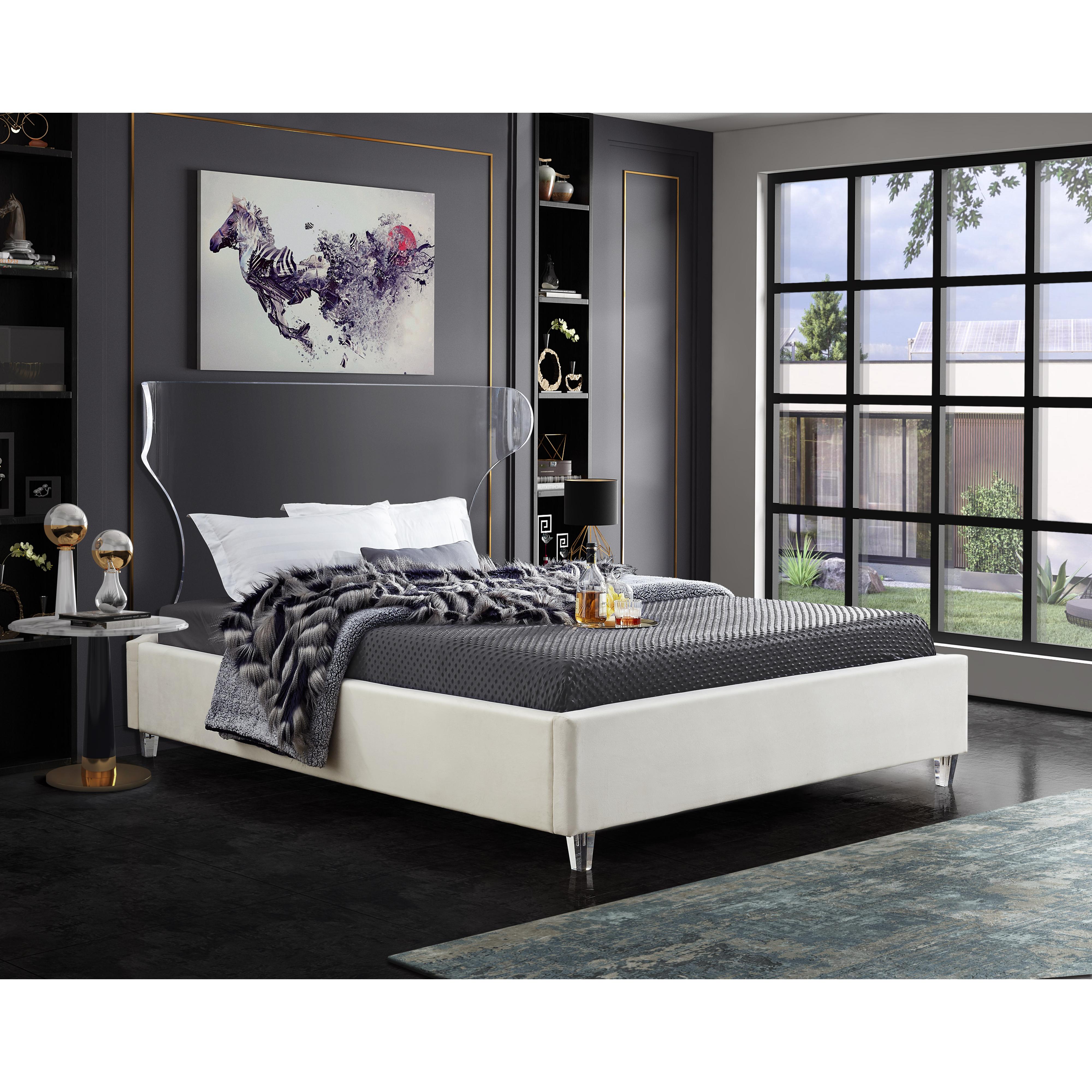Meridian Ghost Cream Velvet Queen Bed