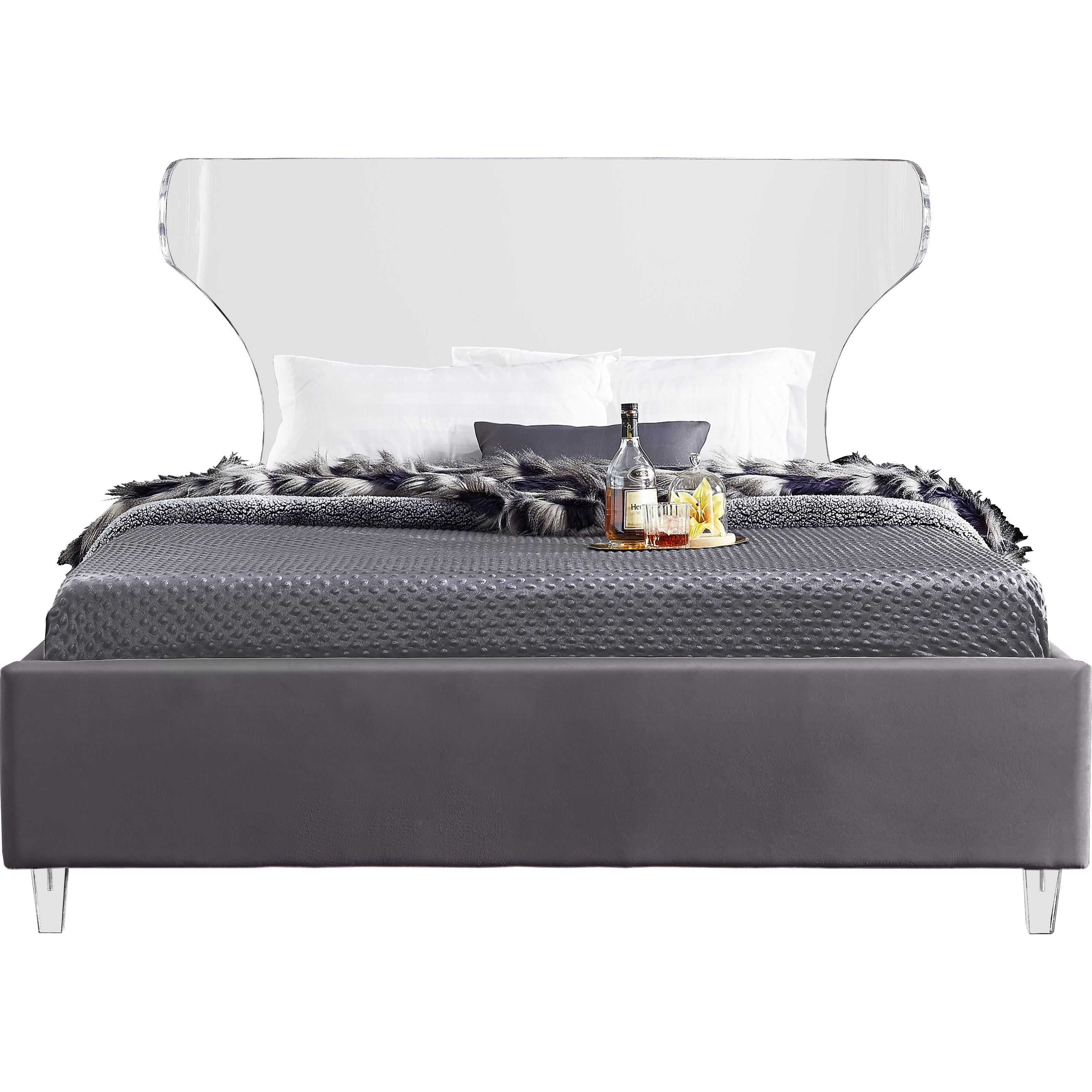Meridian Ghost Grey Velvet Queen Bed
