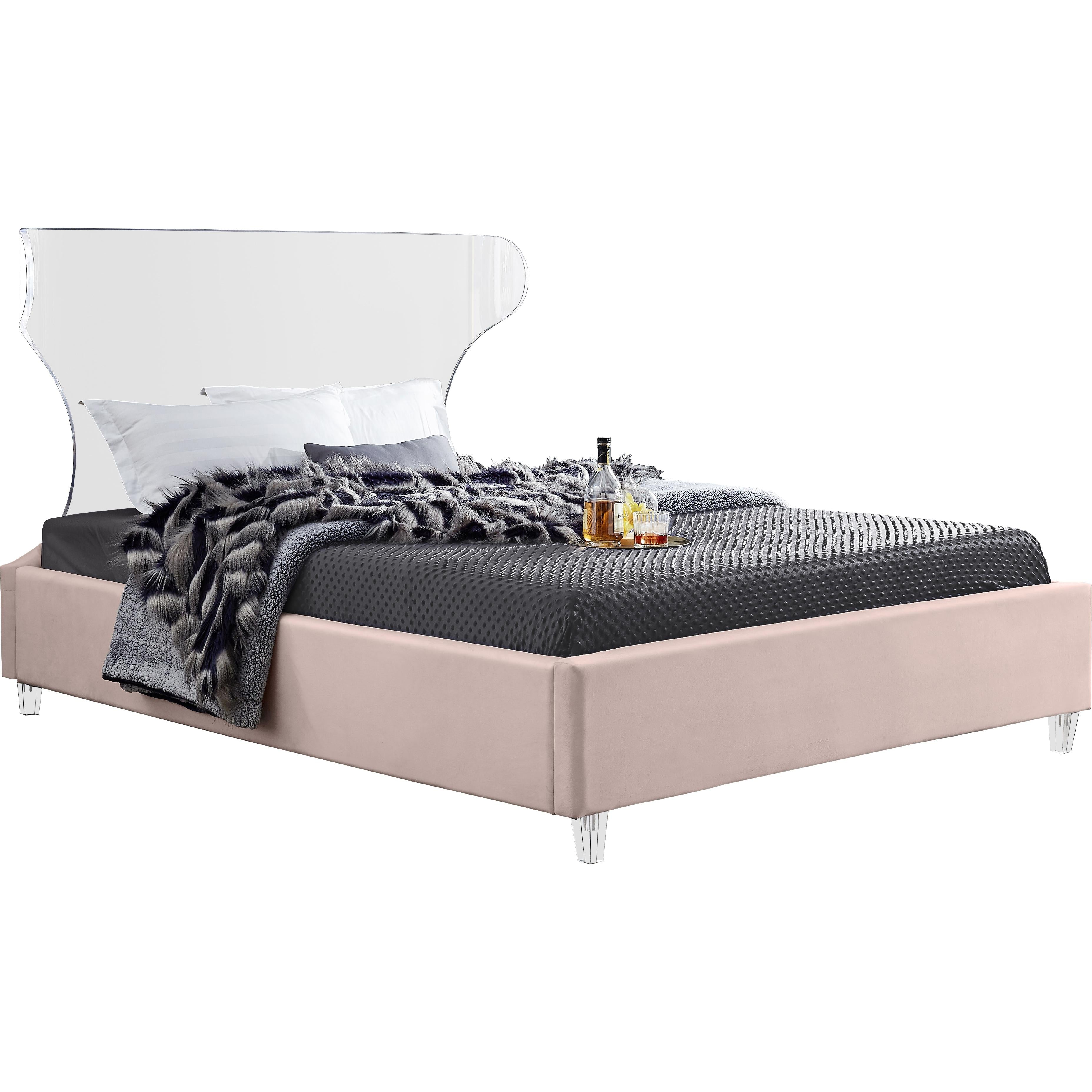 Meridian Ghost Pink Velvet Queen Bed
