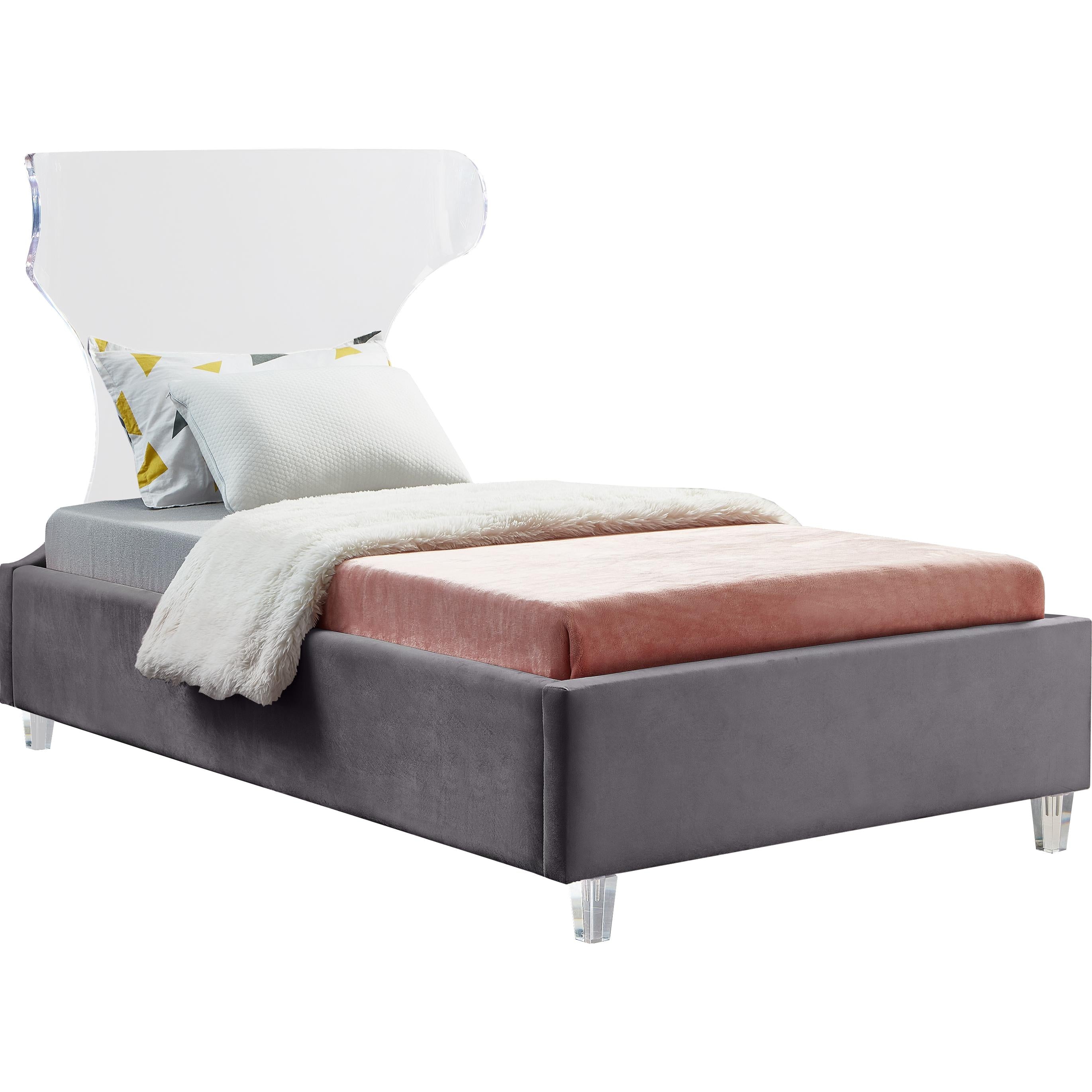 Meridian Ghost Grey Velvet Twin Bed