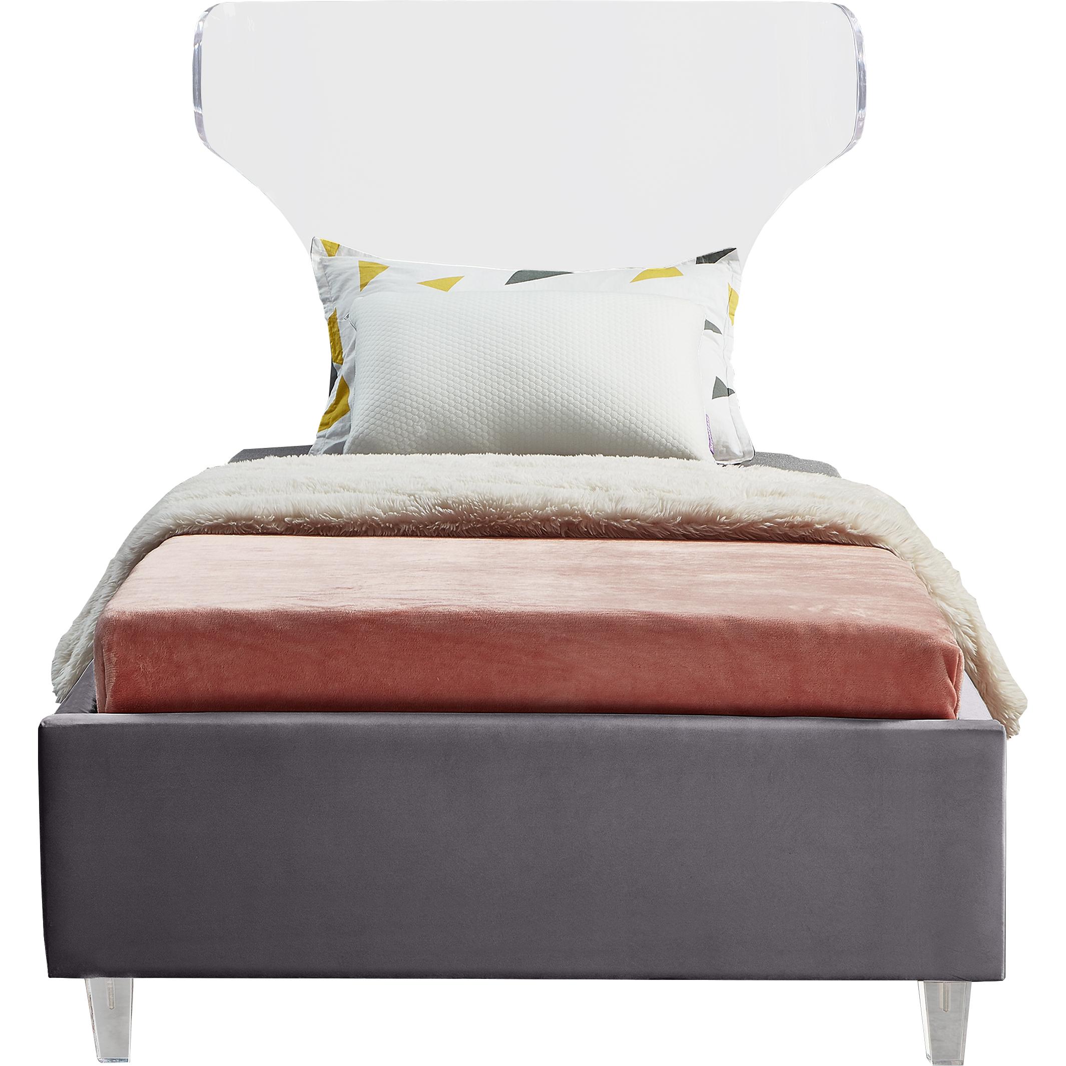 Meridian Ghost Grey Velvet Twin Bed