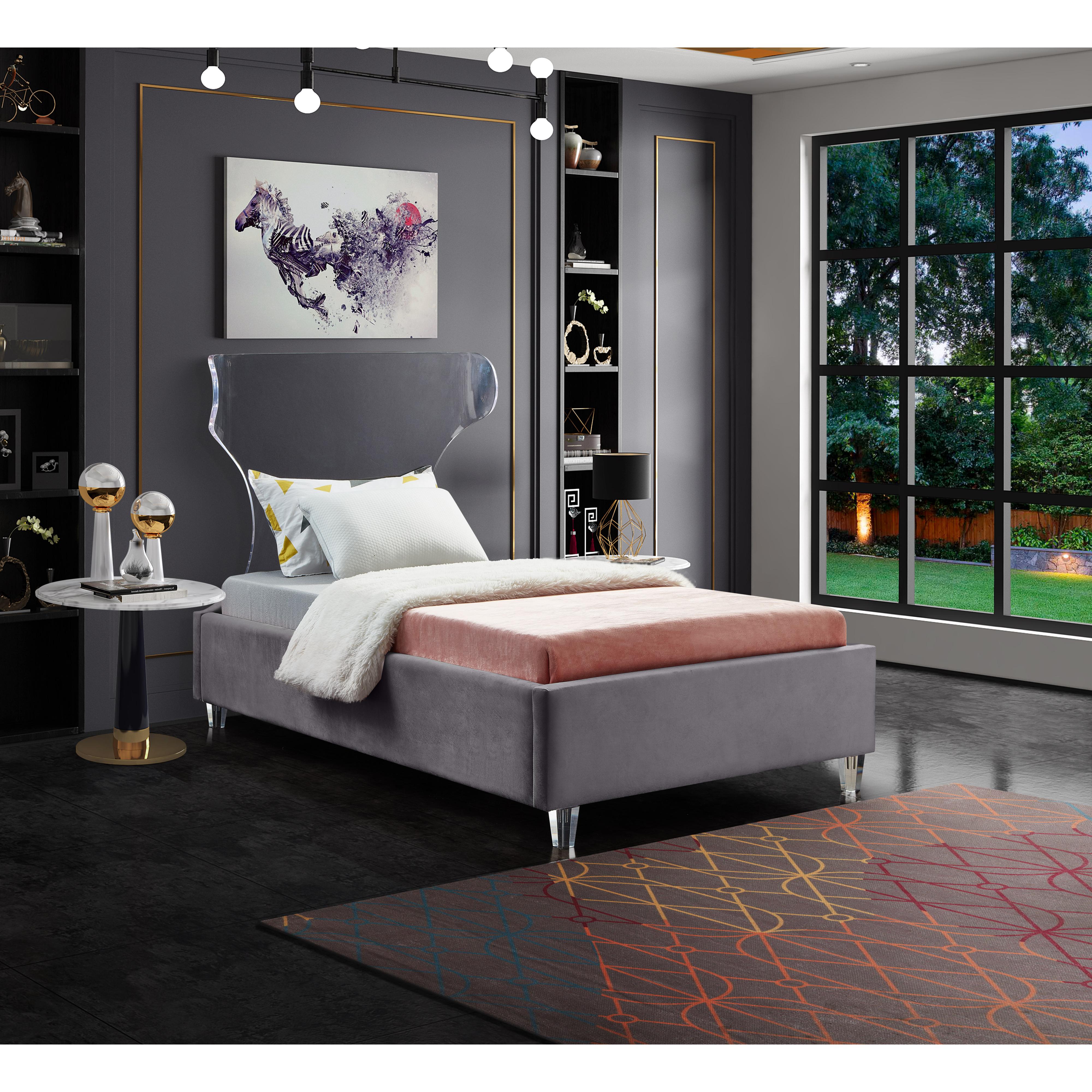 Meridian Ghost Grey Velvet Twin Bed