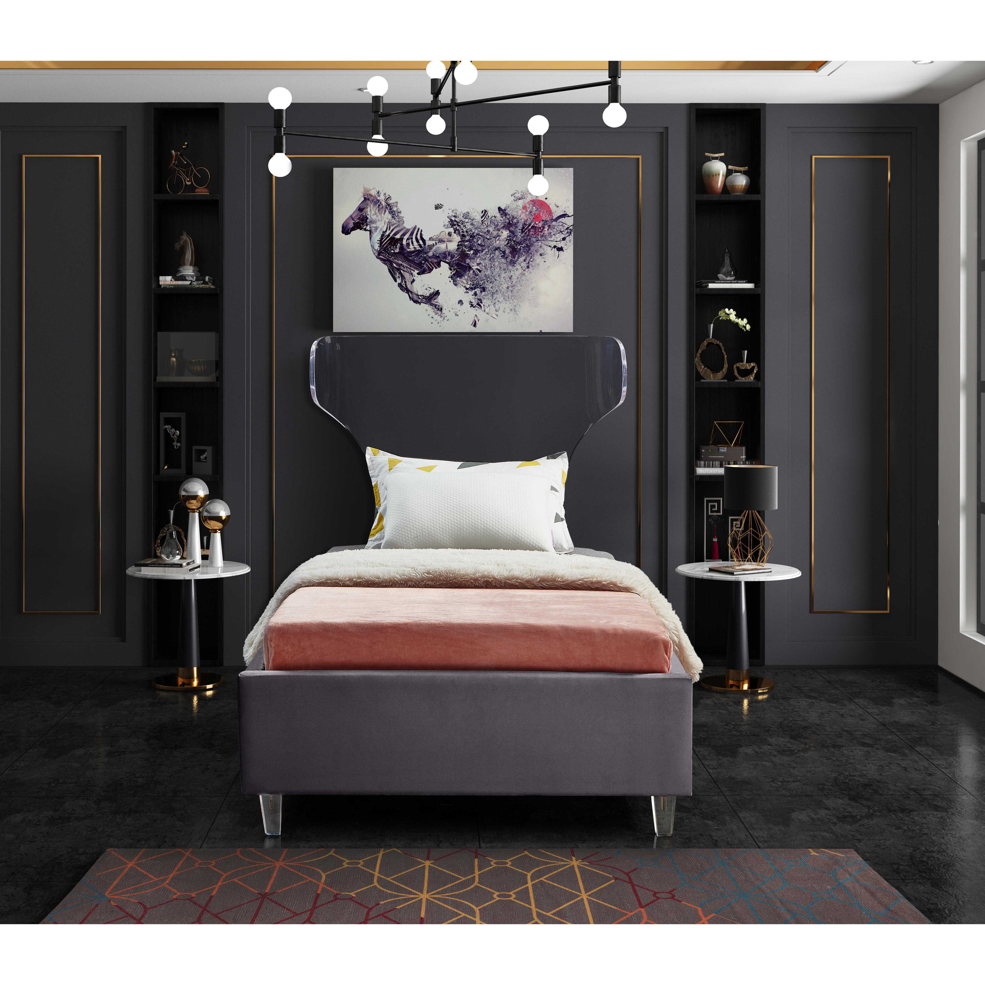 Meridian Ghost Grey Velvet Twin Bed