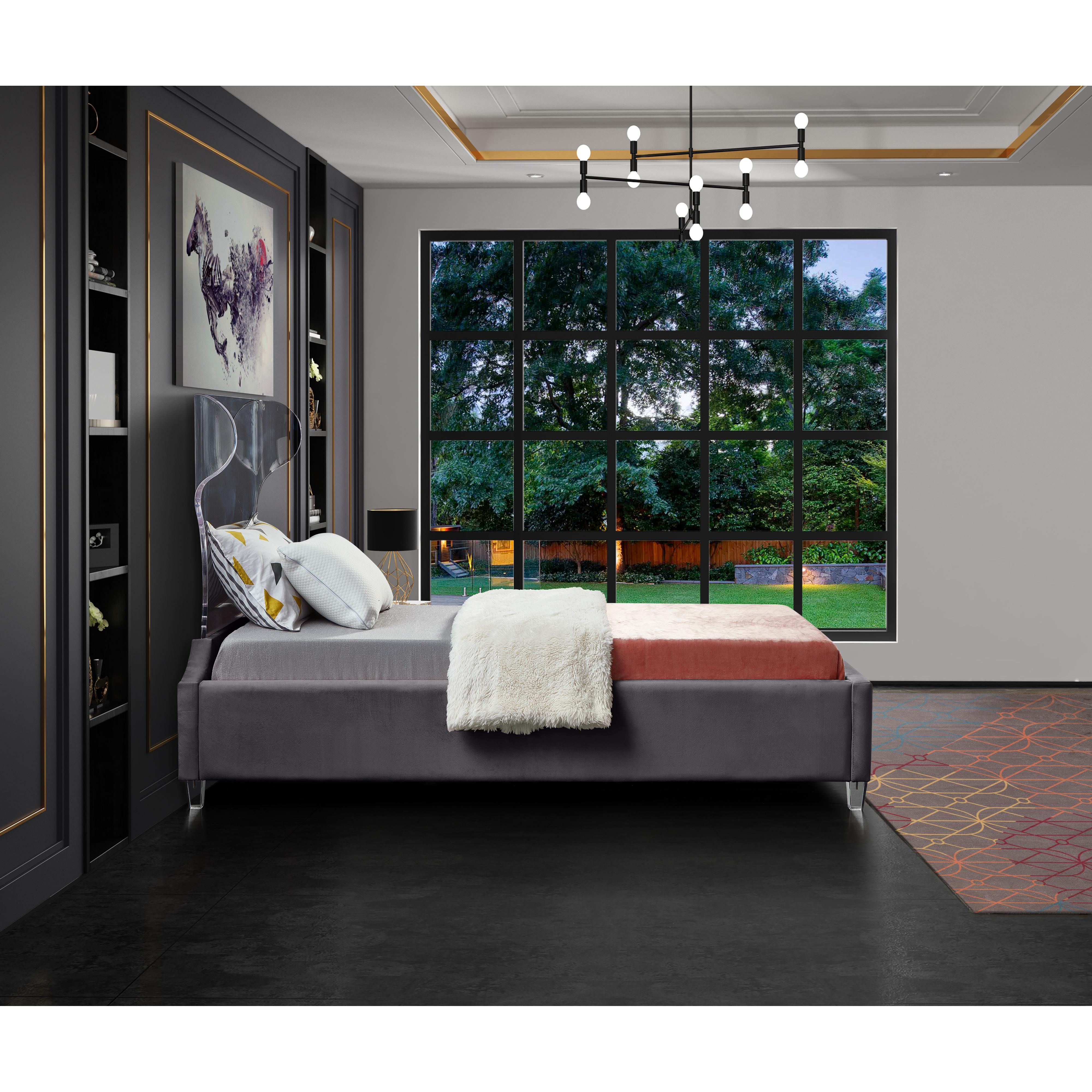Meridian Ghost Grey Velvet Twin Bed