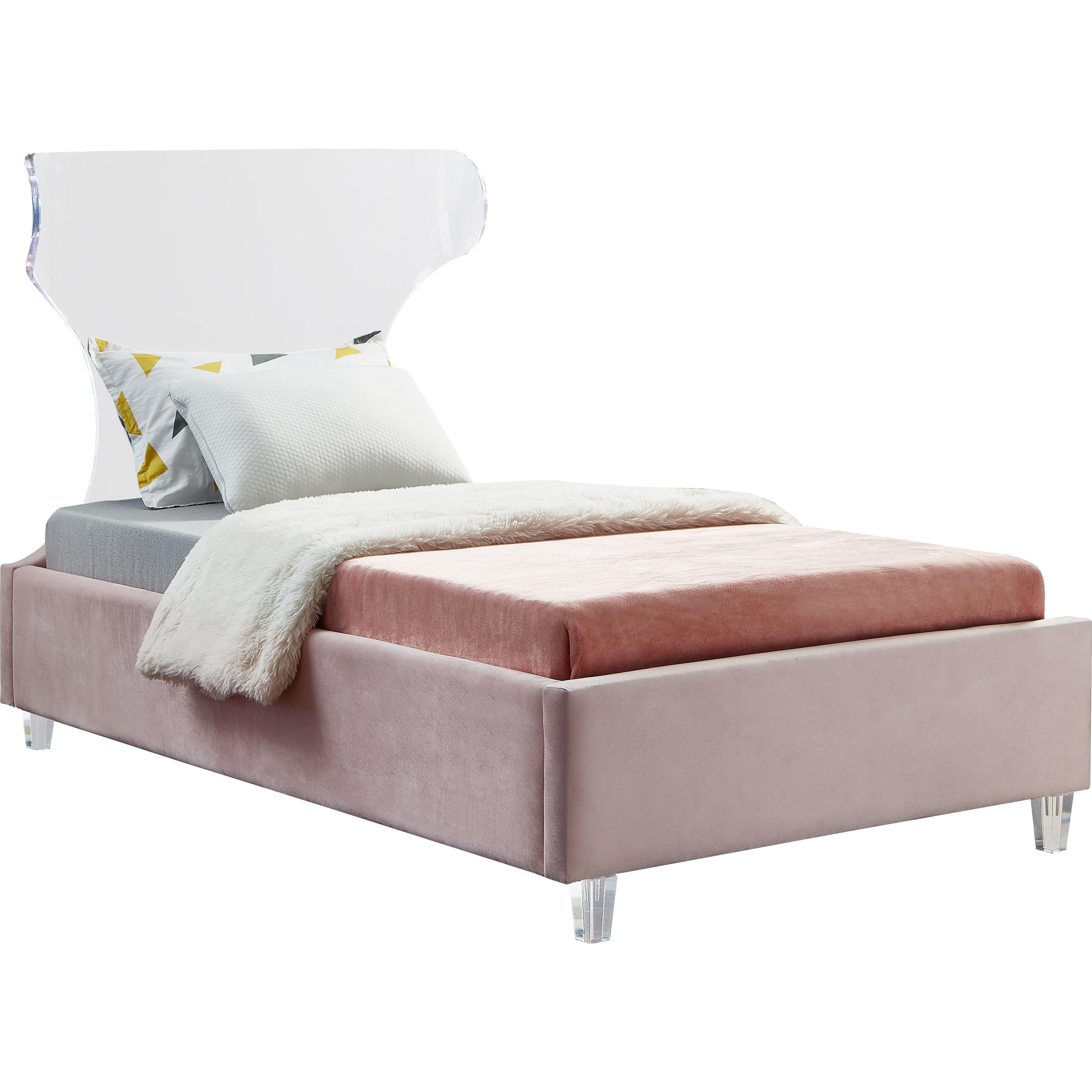 Meridian Ghost Pink Velvet Twin Bed