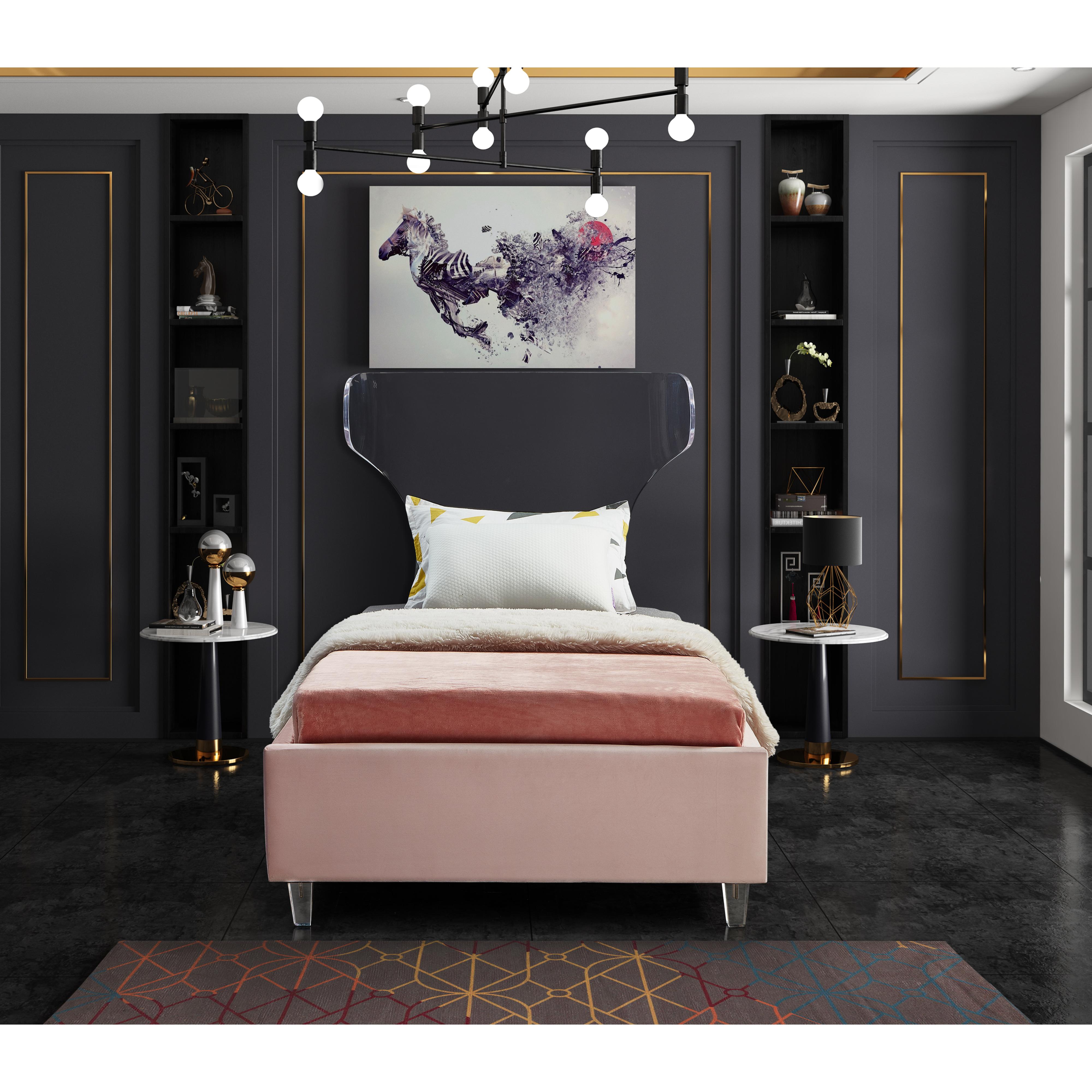 Meridian Ghost Pink Velvet Twin Bed