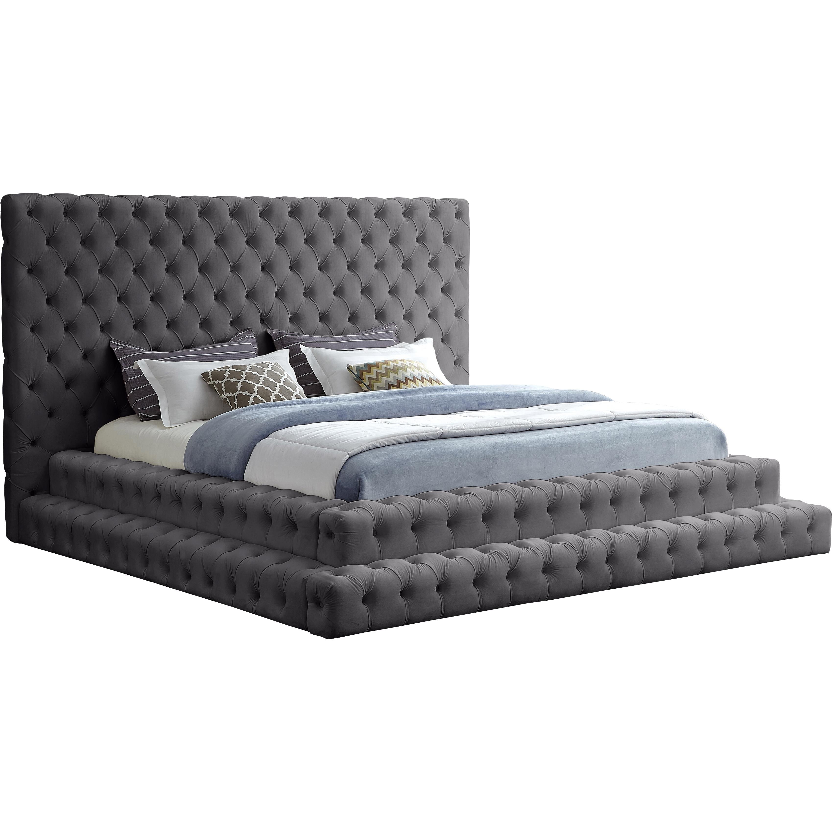 Meridian Revel Grey Velvet King Bed (3 Boxes)