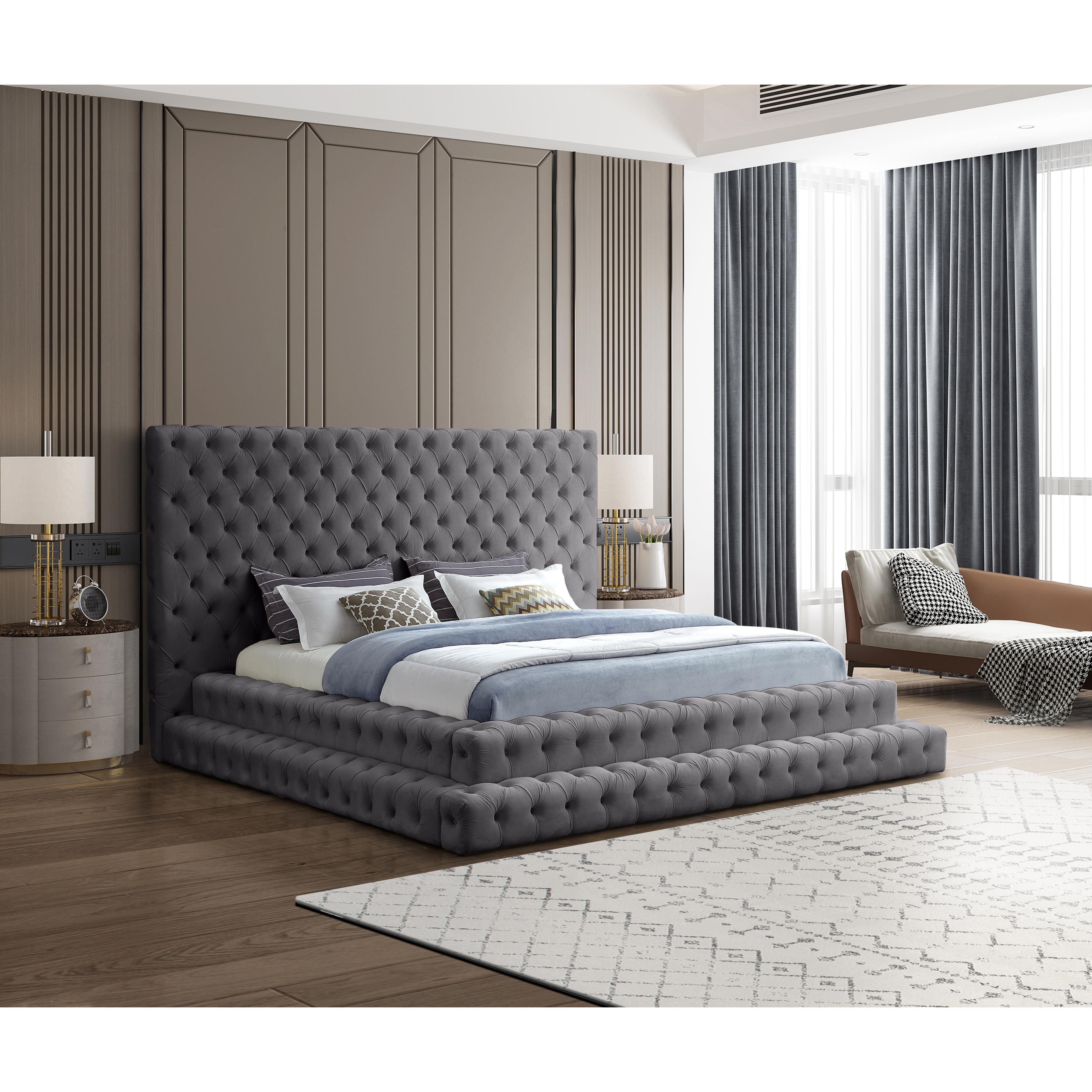 Meridian Revel Grey Velvet King Bed (3 Boxes)