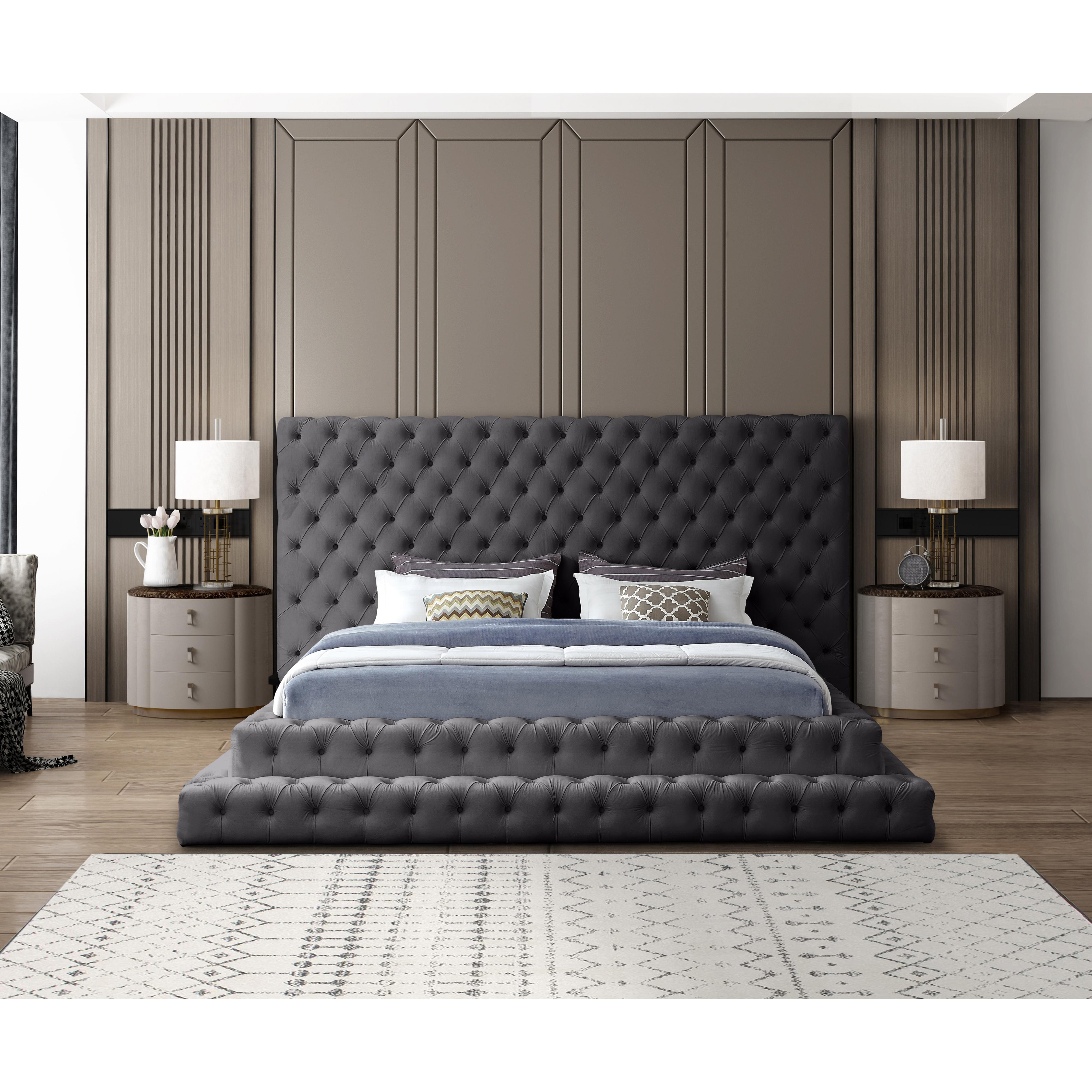 Meridian Revel Grey Velvet King Bed (3 Boxes)