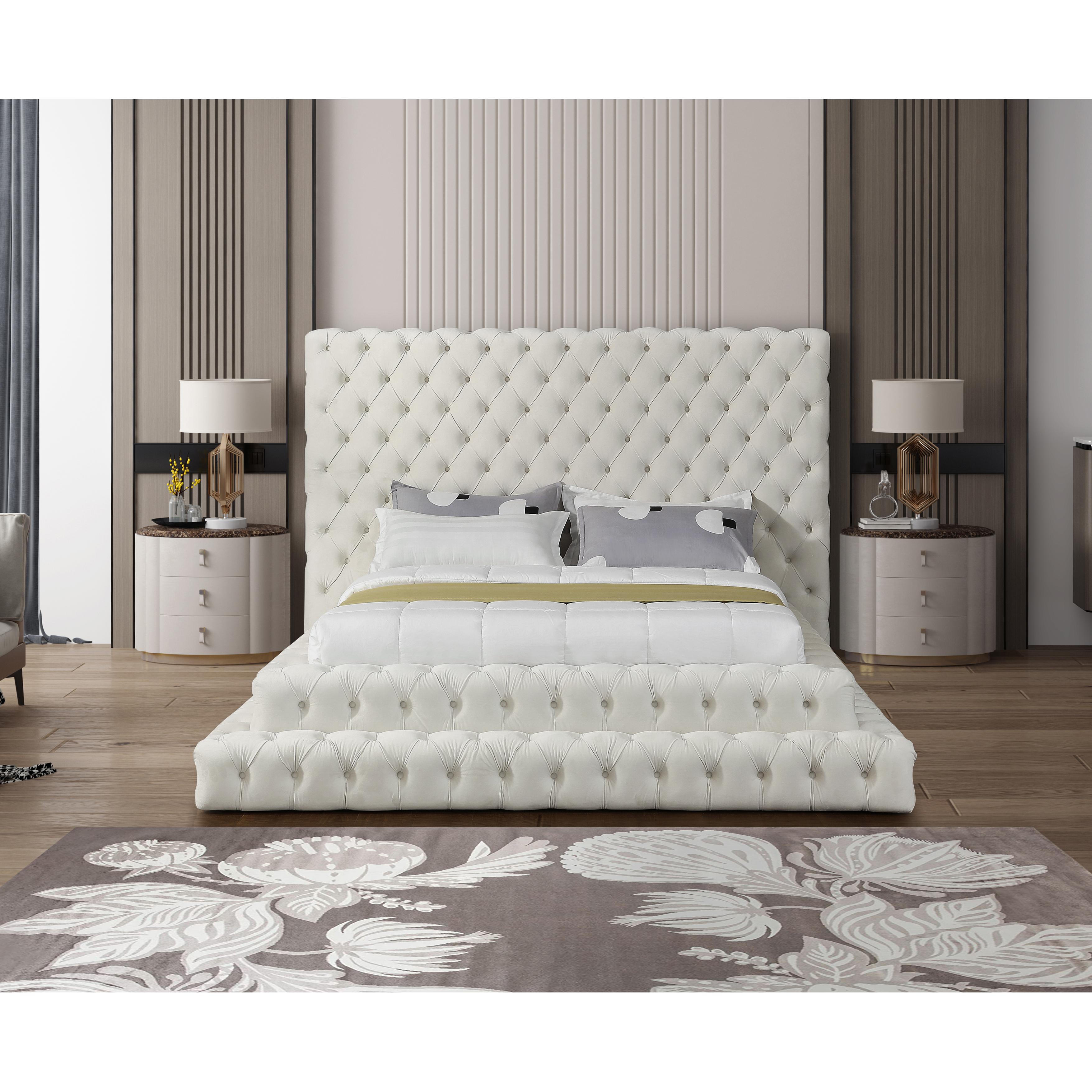 Meridian Revel Cream Velvet Queen Bed (3 Boxes)