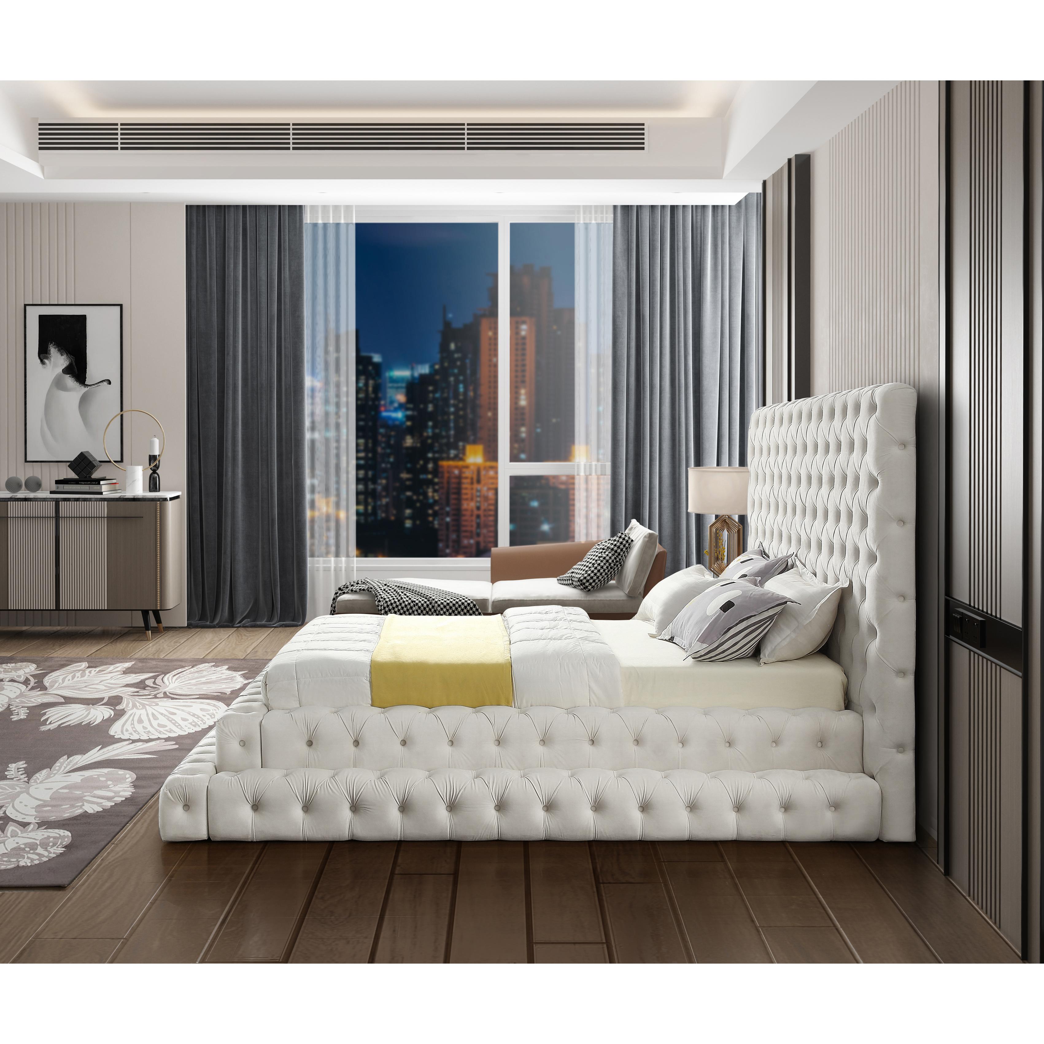 Meridian Revel Cream Velvet Queen Bed (3 Boxes)