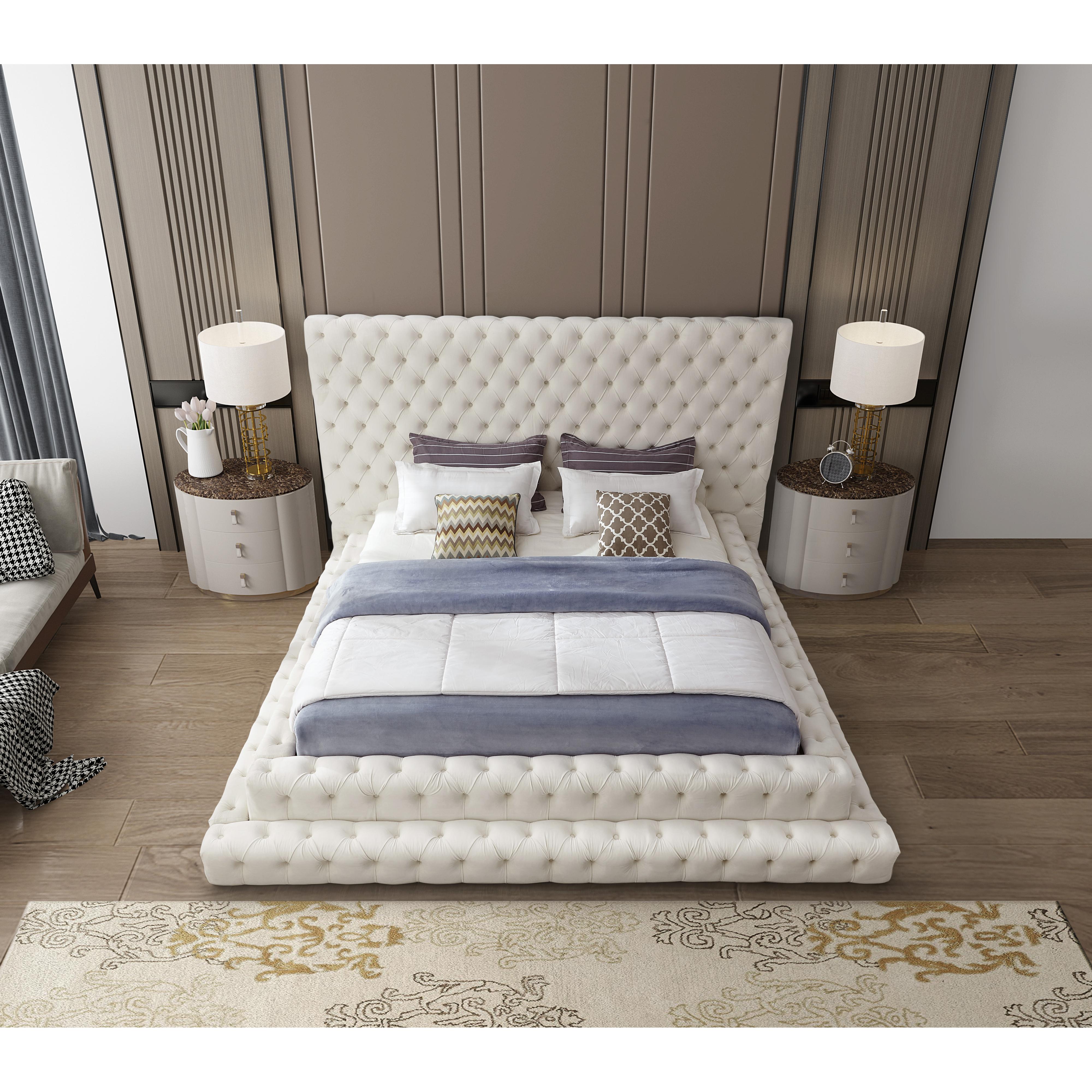 Meridian Revel Cream Velvet Queen Bed (3 Boxes)