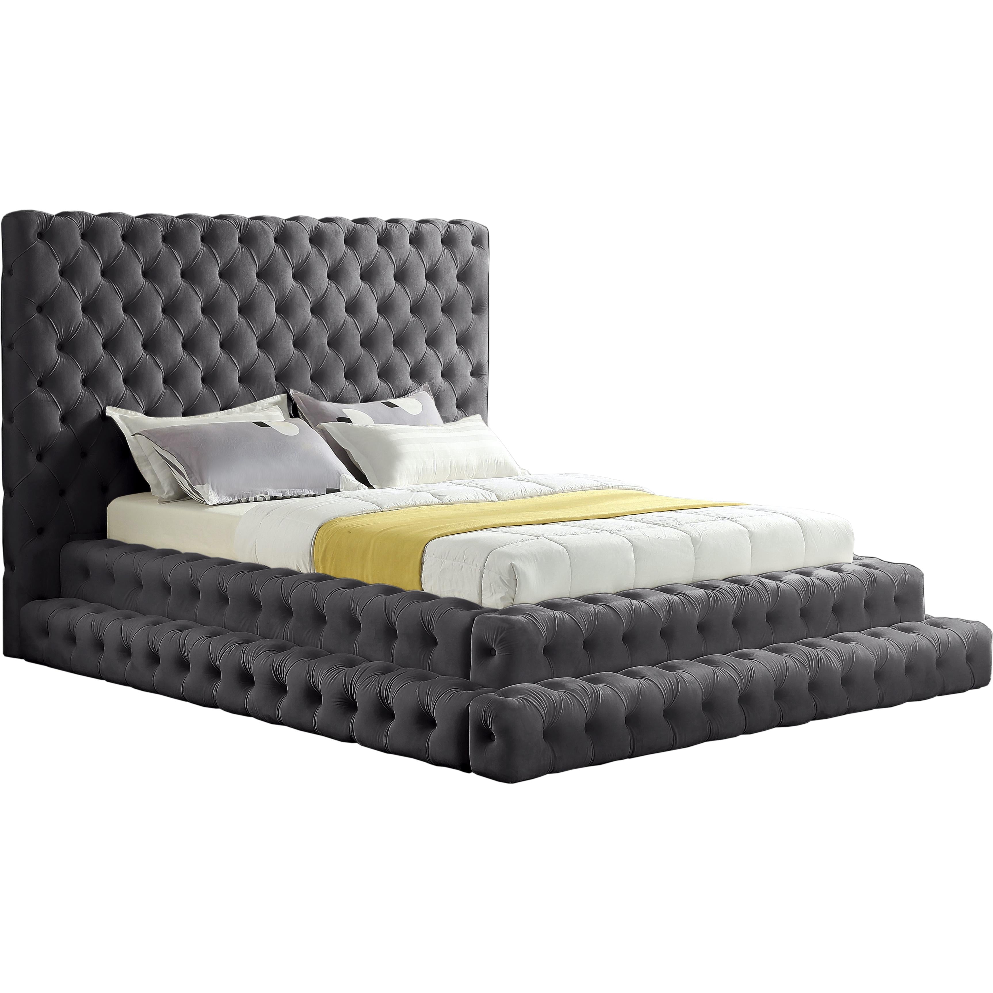 Meridian Revel Grey Velvet Queen Bed (3 Boxes)