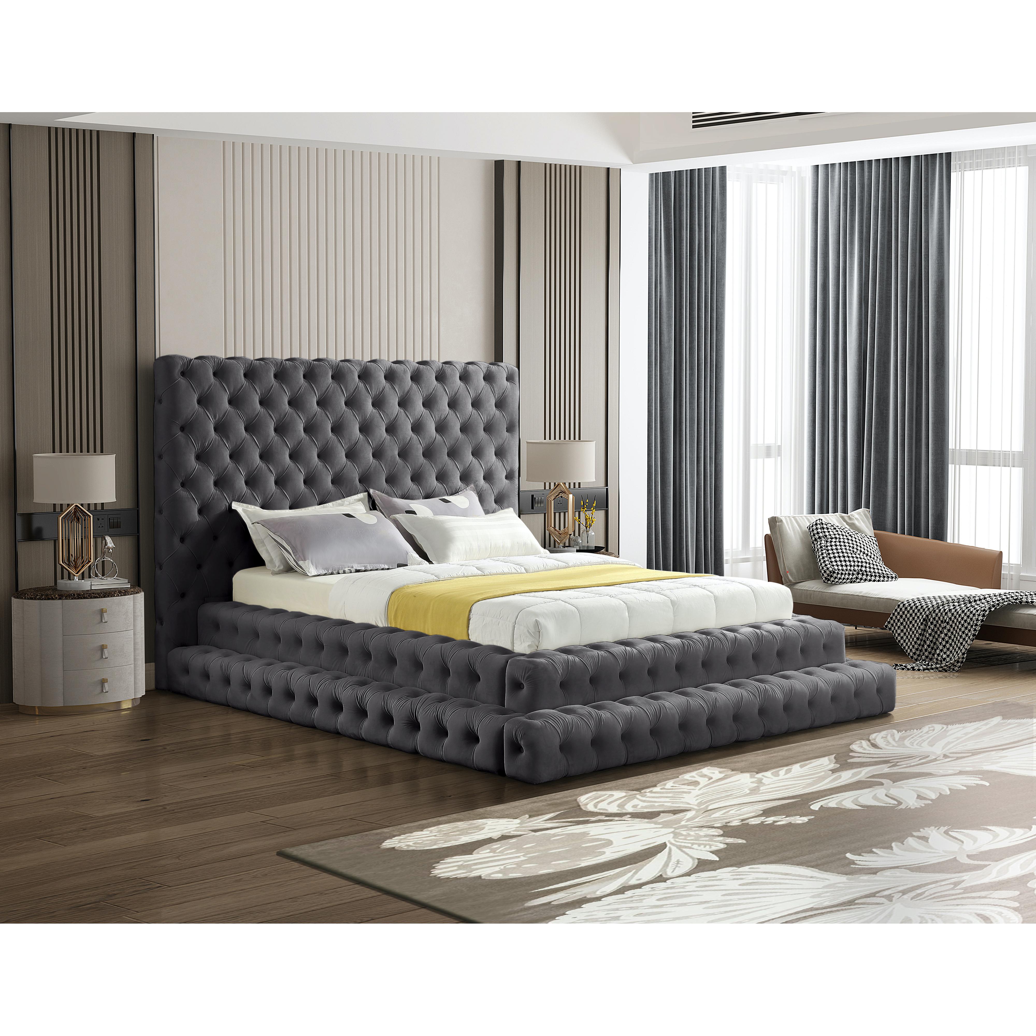 Meridian Revel Grey Velvet Queen Bed (3 Boxes)