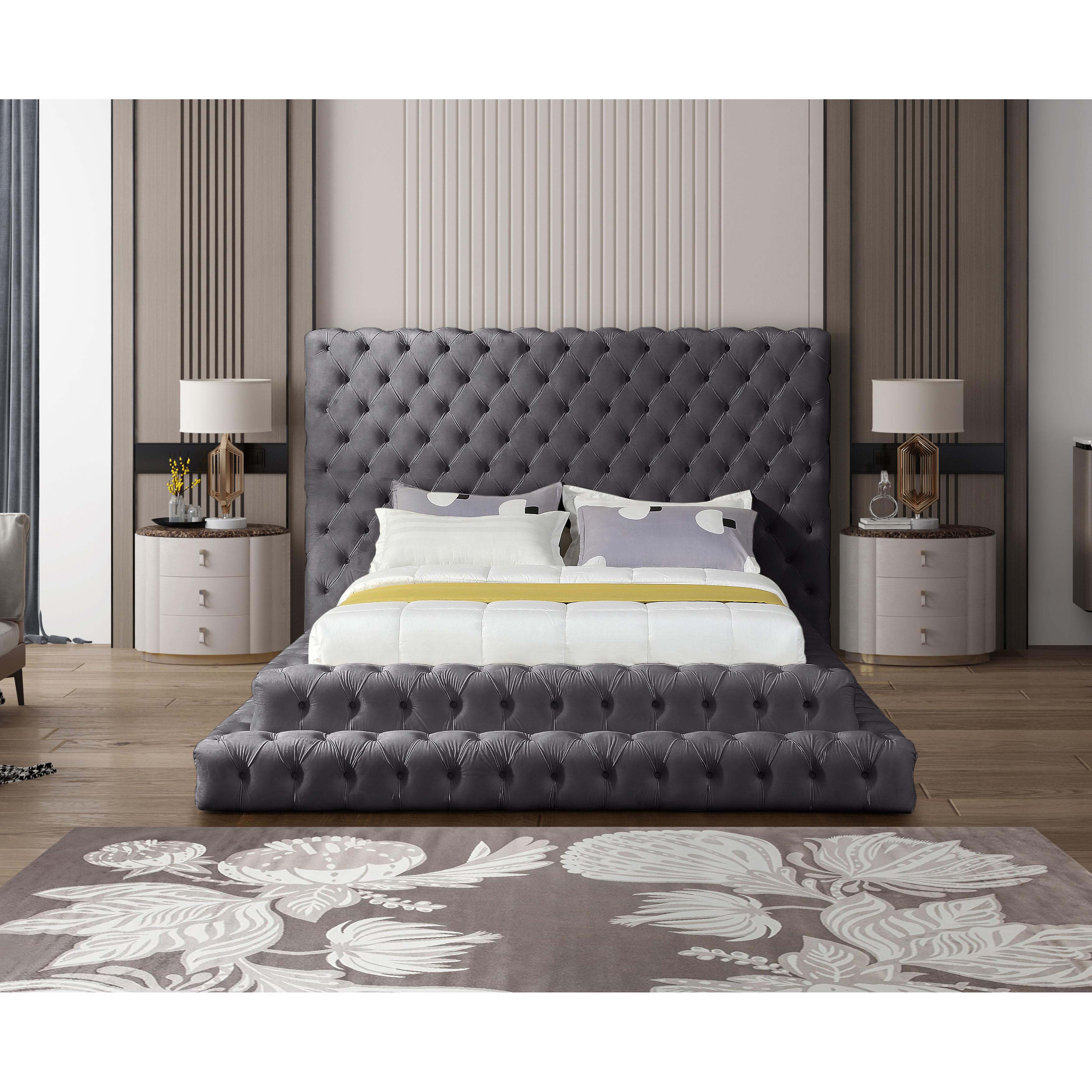 Meridian Revel Grey Velvet Queen Bed (3 Boxes)