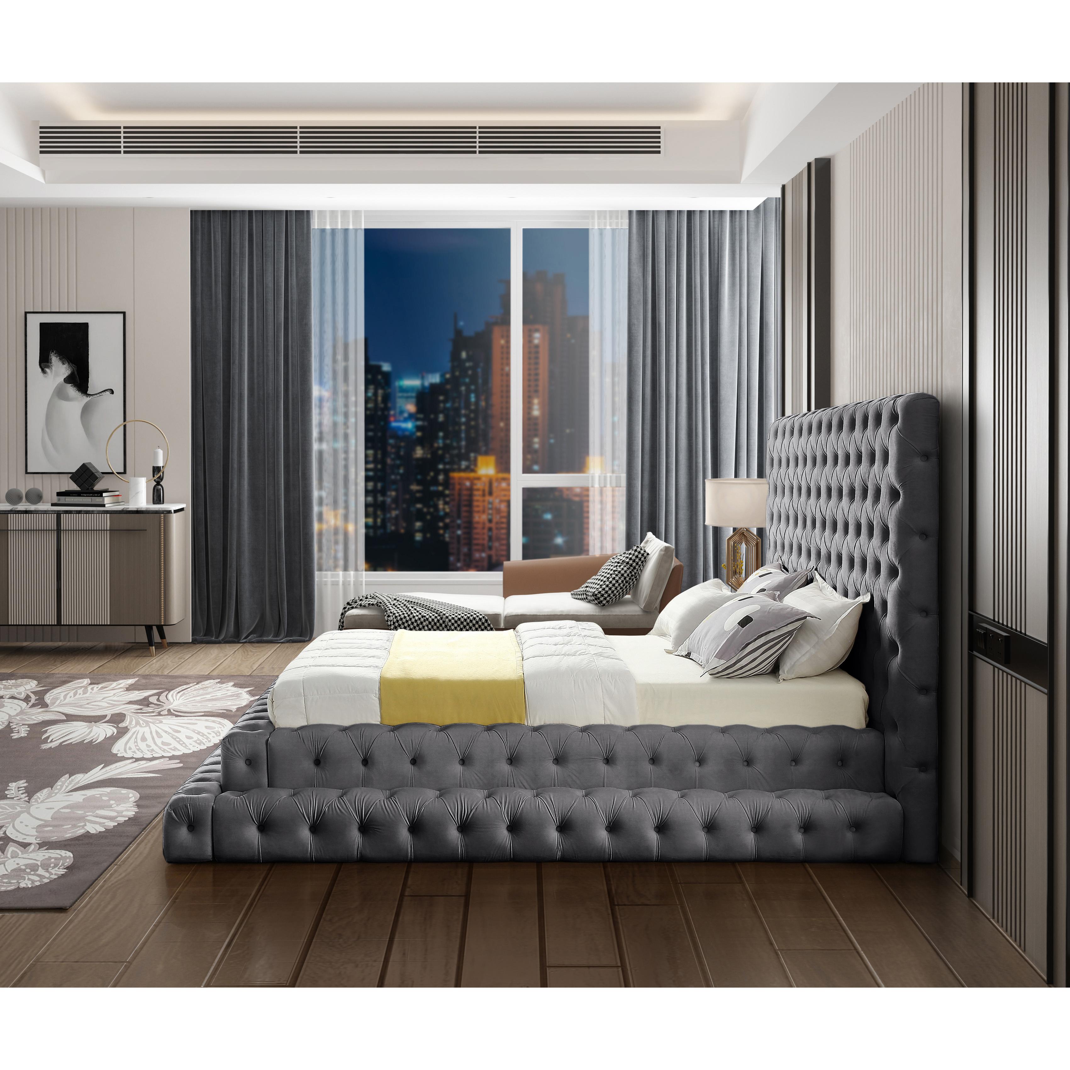 Meridian Revel Grey Velvet Queen Bed (3 Boxes)