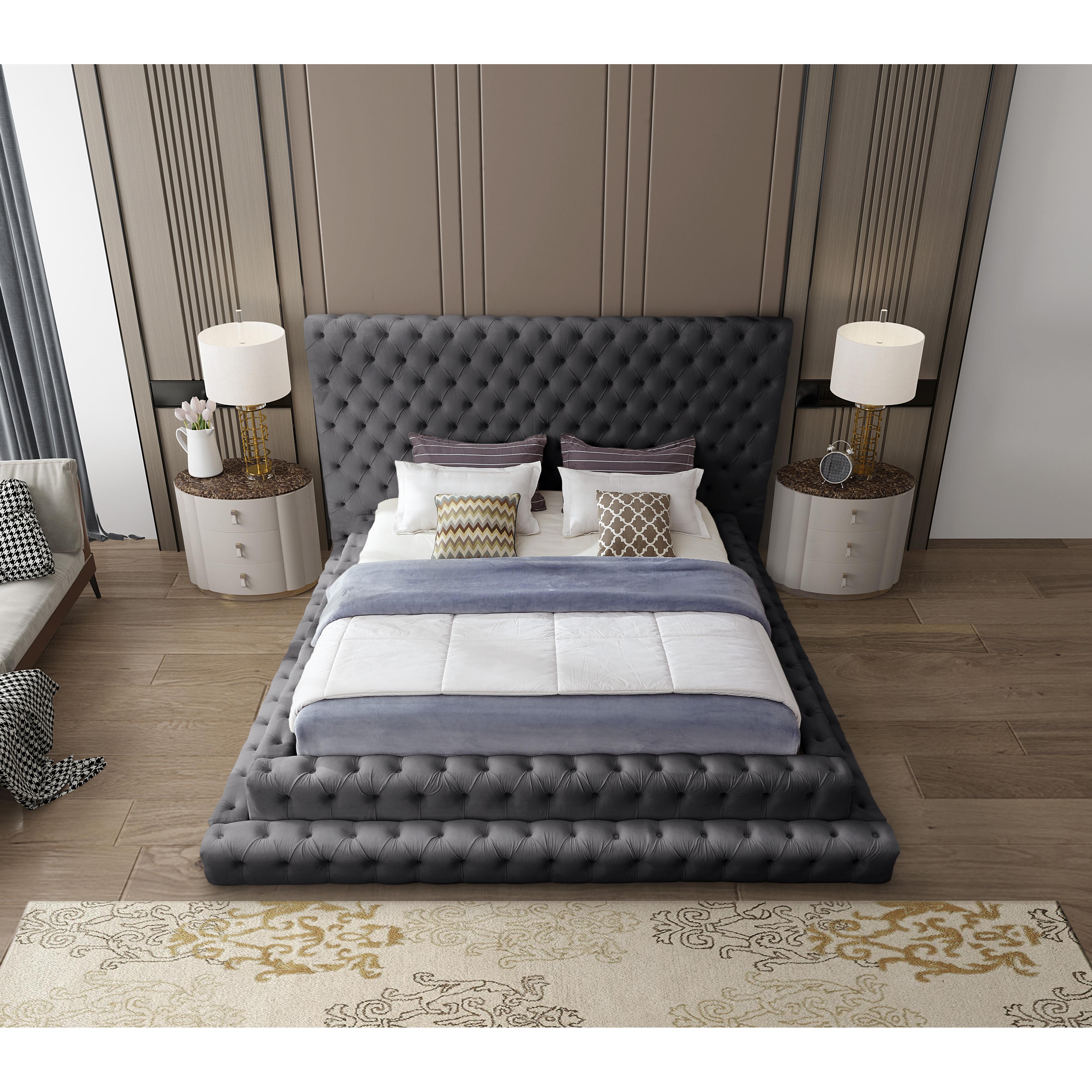Meridian Revel Grey Velvet Queen Bed (3 Boxes)
